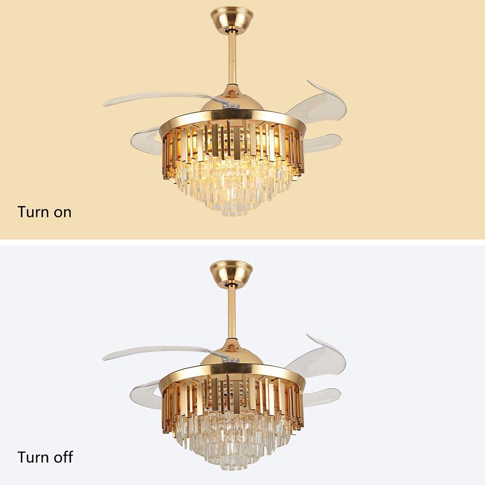 42 in. Integrated LED Indoor Gold Luxury Automatic Retractable Crystal Ceiling Fan with Remote