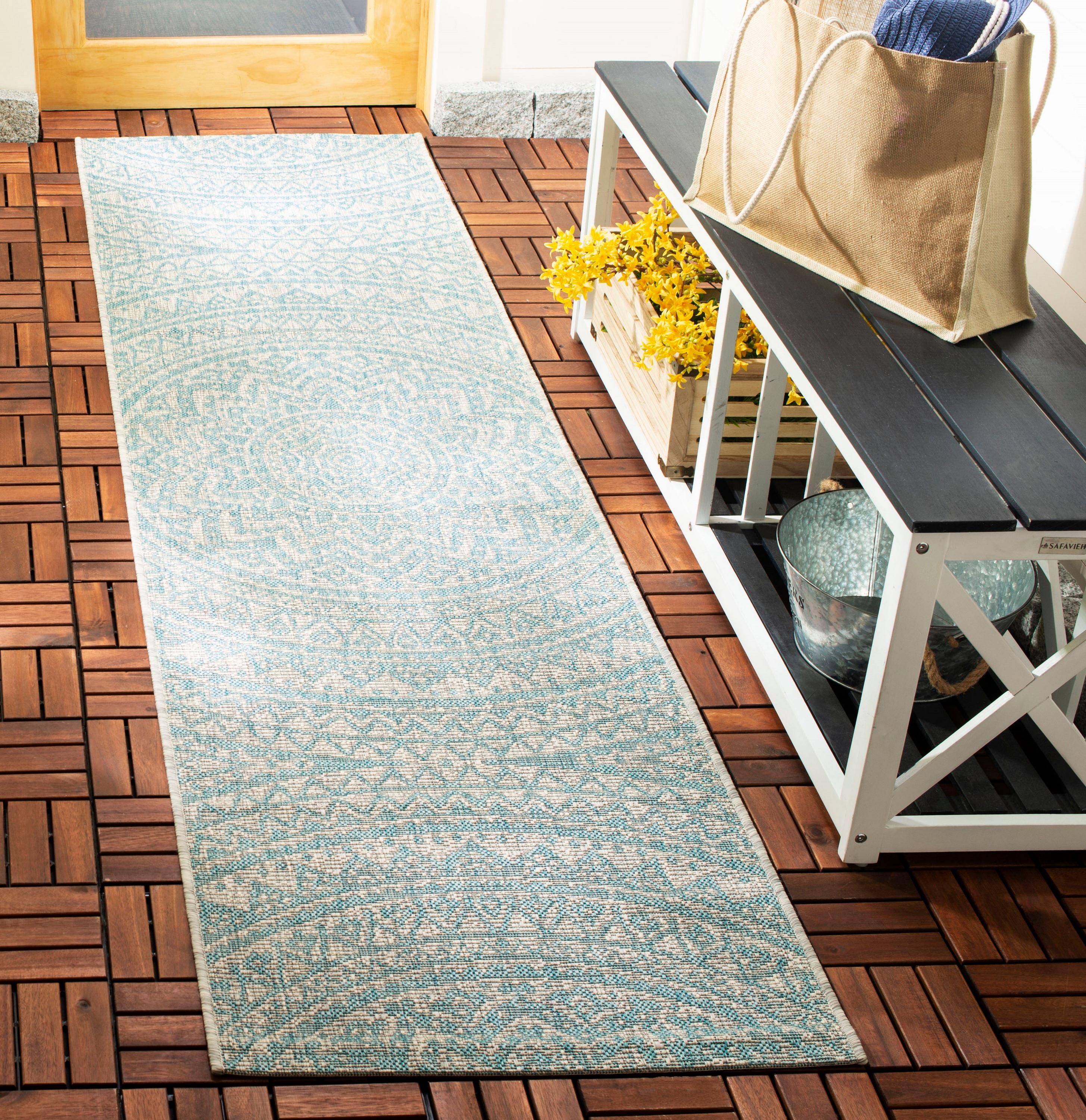 Courtyard CY8734 Power Loomed Indoor and Outdoor Runner Rug - Light Grey/Aqua - 2'3"x8' - Safavieh