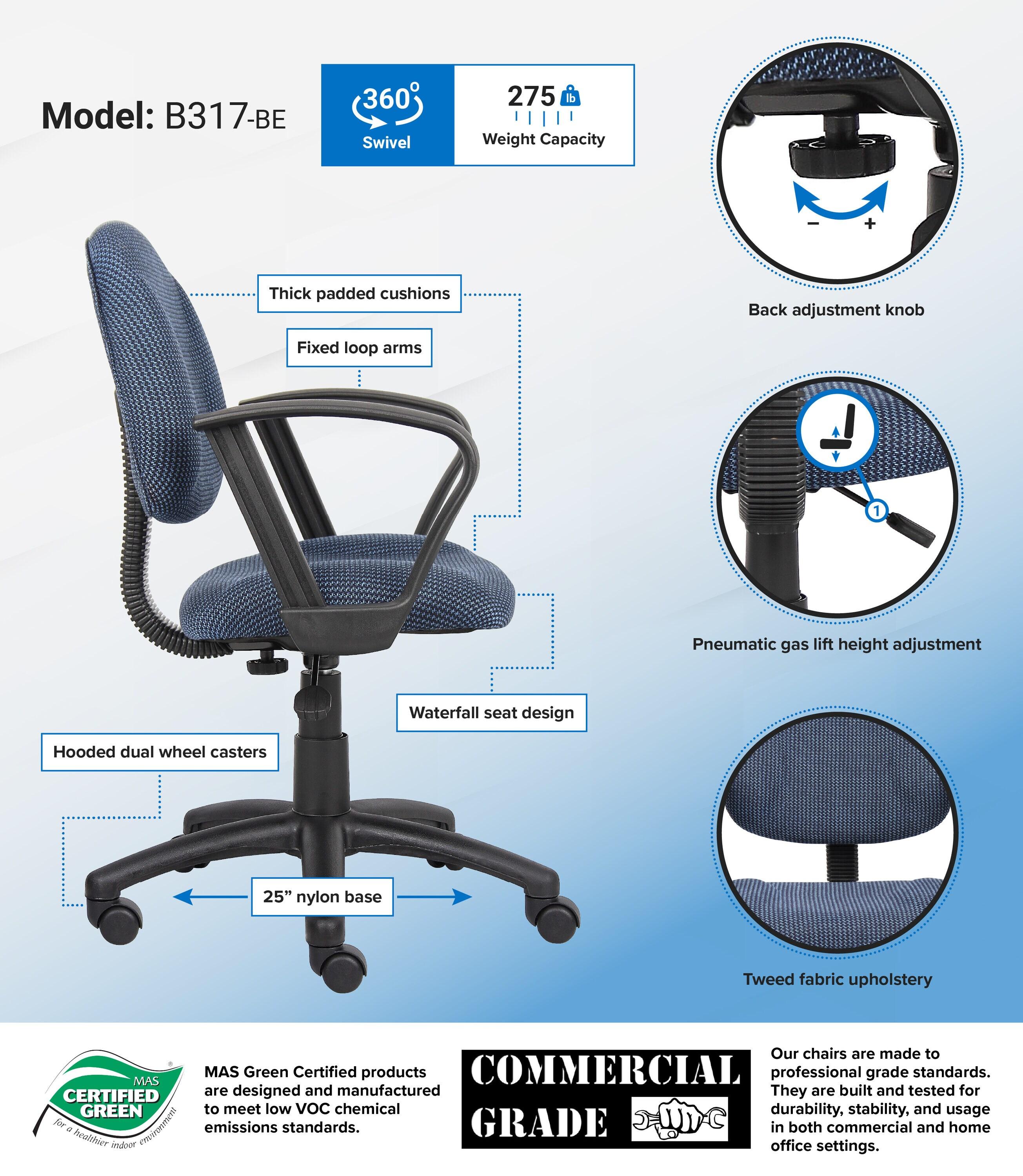Boss Office Products B317-BE Deluxe Posture Chair with Loop Arms, Blue