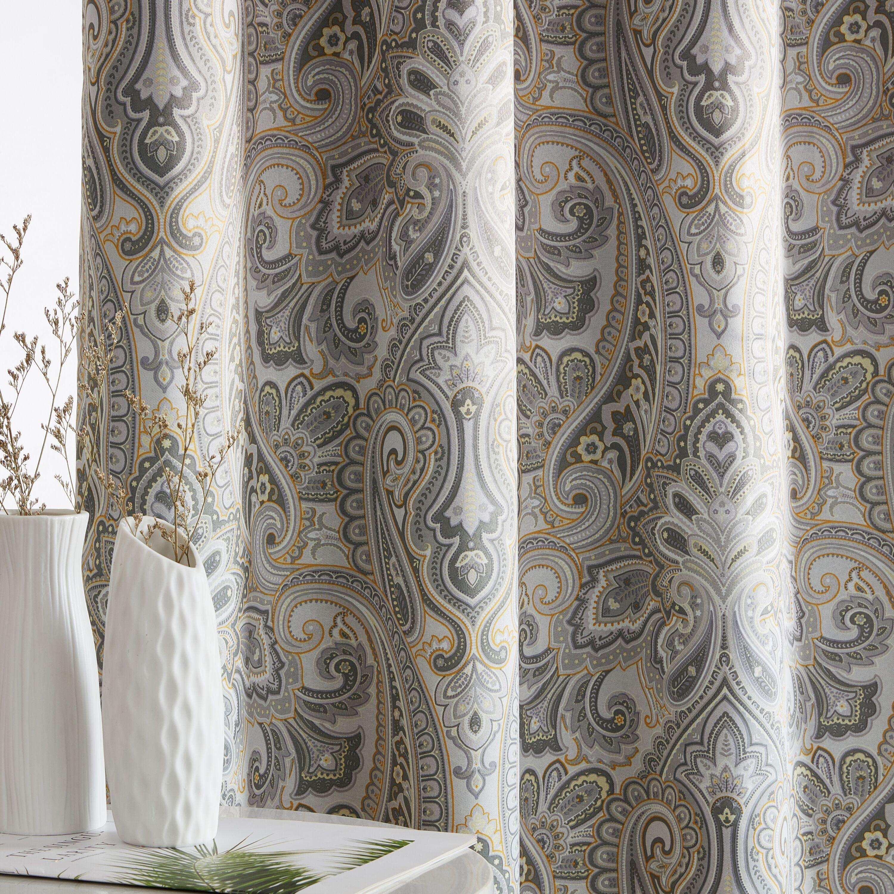 HLC.ME Paris Paisley Decorative Print Damask Pattern Light Reducing Grommet Window Curtain Panels for Bedroom, Set of 2 - Grey, 50 W x 96 L