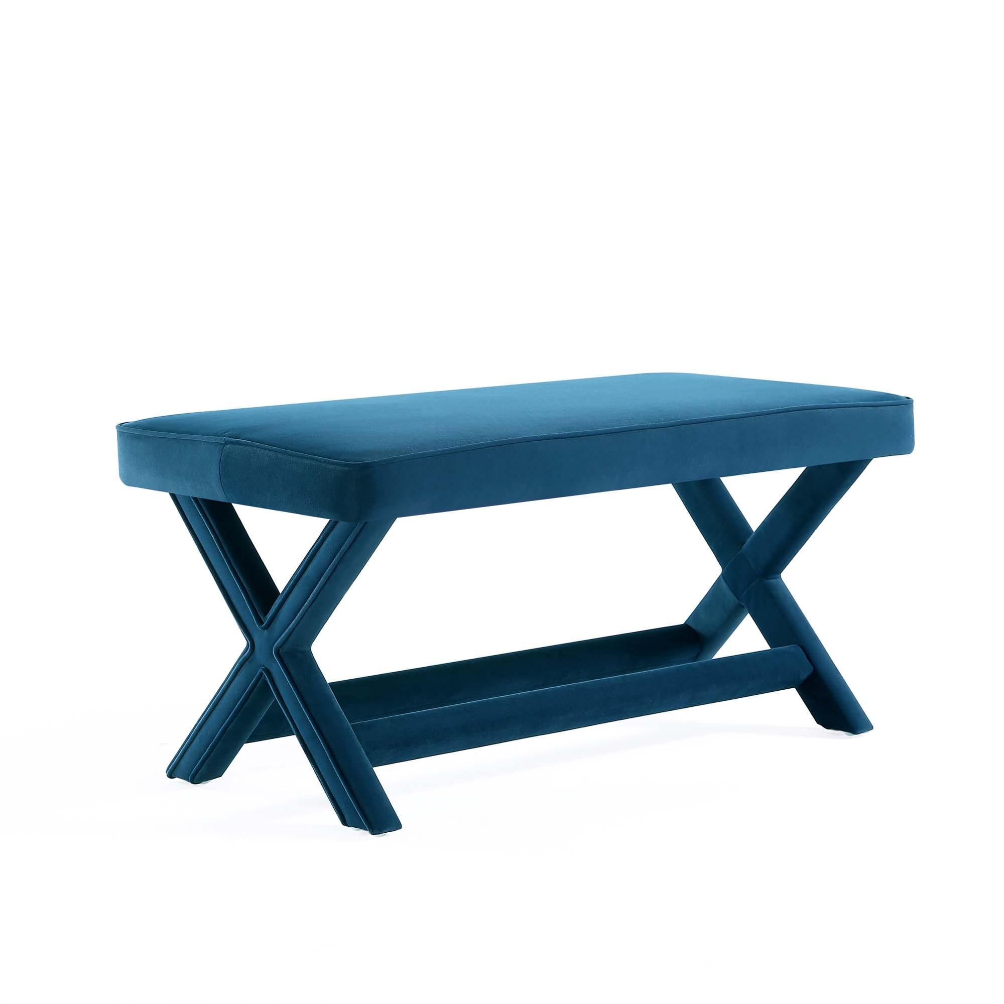 Manhattan Comfort Abigail Velvet Upholstered Double Ottoman Blue: Mid-Century Modern, Padded, Wood Legs