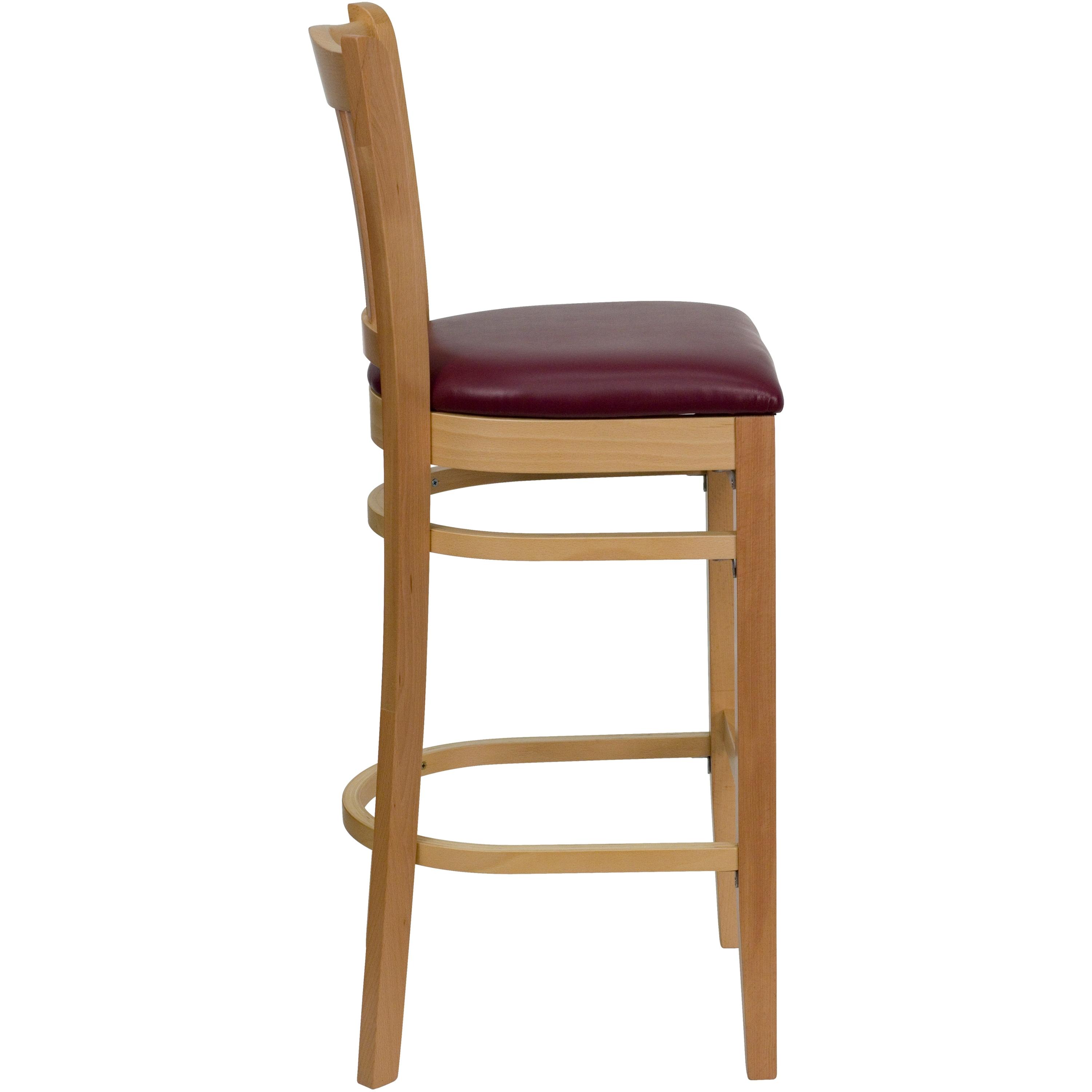 Flash Furniture HERCULES Series Vertical Slat Back Natural Wood Restaurant Barstool - Burgundy Vinyl Seat