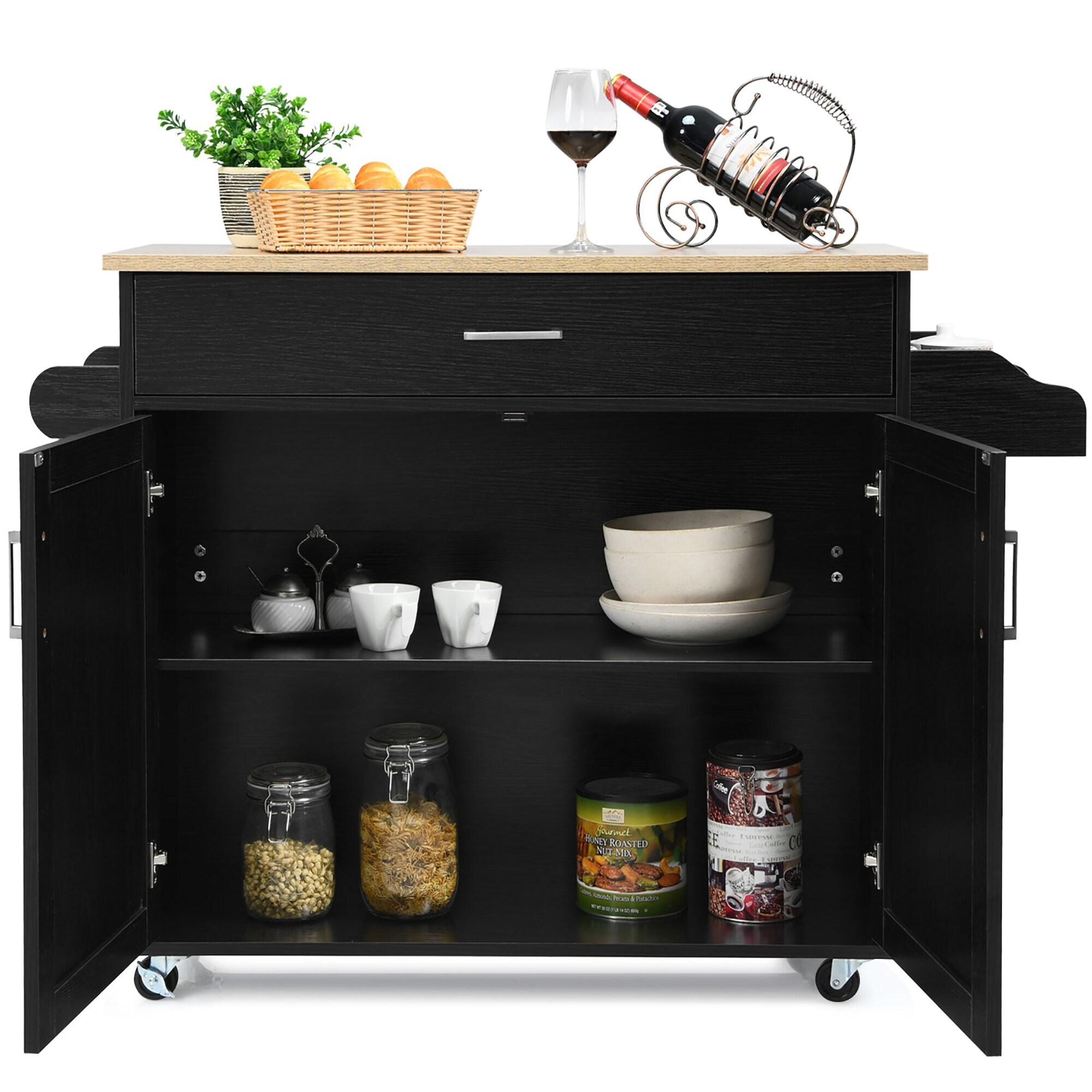 Black Fir Wood Rolling Kitchen Cart with Spice Rack and Storage