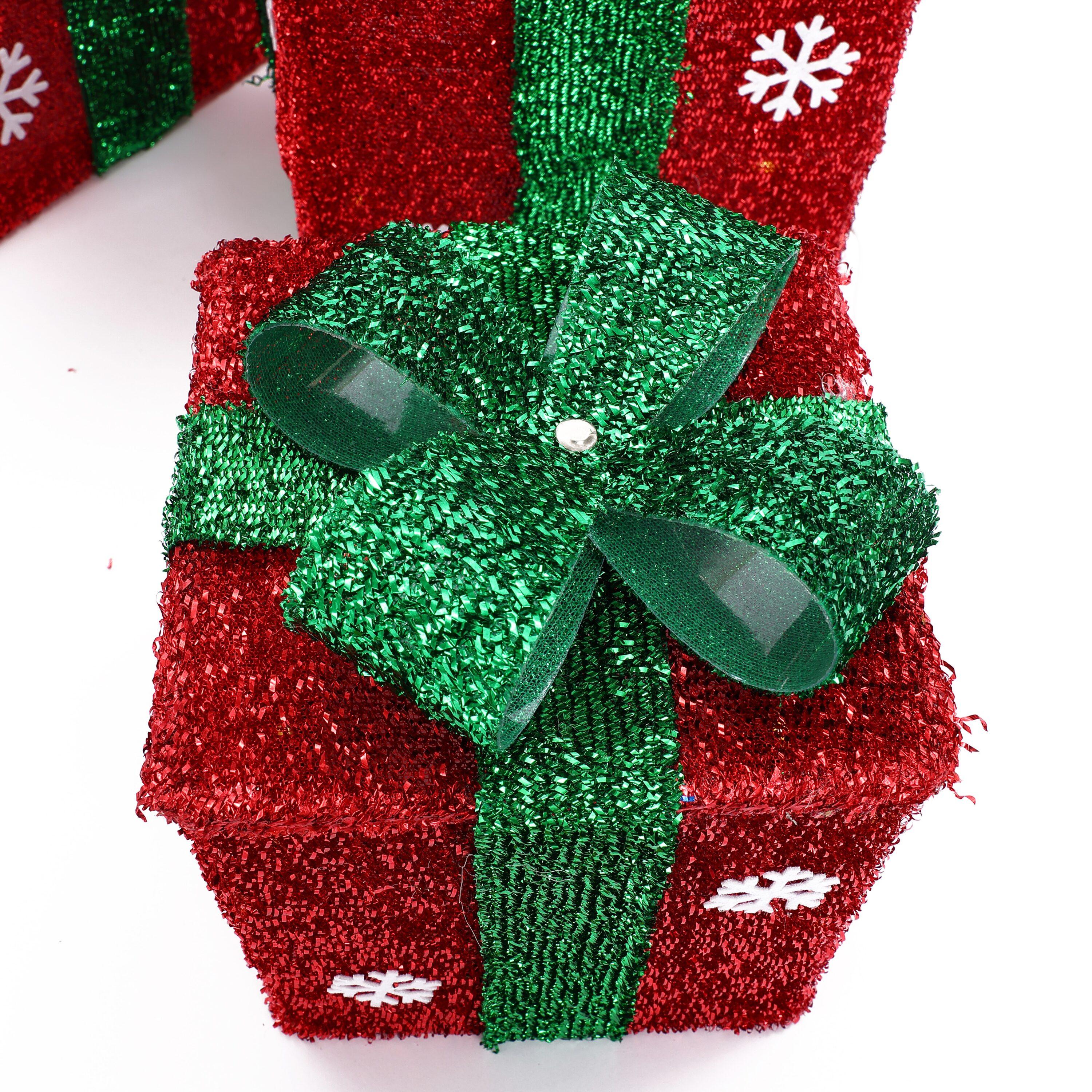 LuxenHome Set of 3 Red and Green Presents with Bows Lighted LED Indoor Outdoor Holiday Decoration