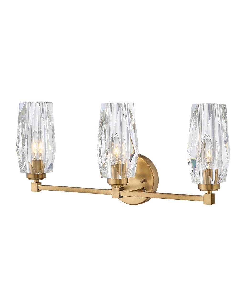 Hinkley Ana 3-Light Bath Vanity w/ Faceted Heavy-Cut Diamond-Shaped Crystal Shades - Heritage Brass