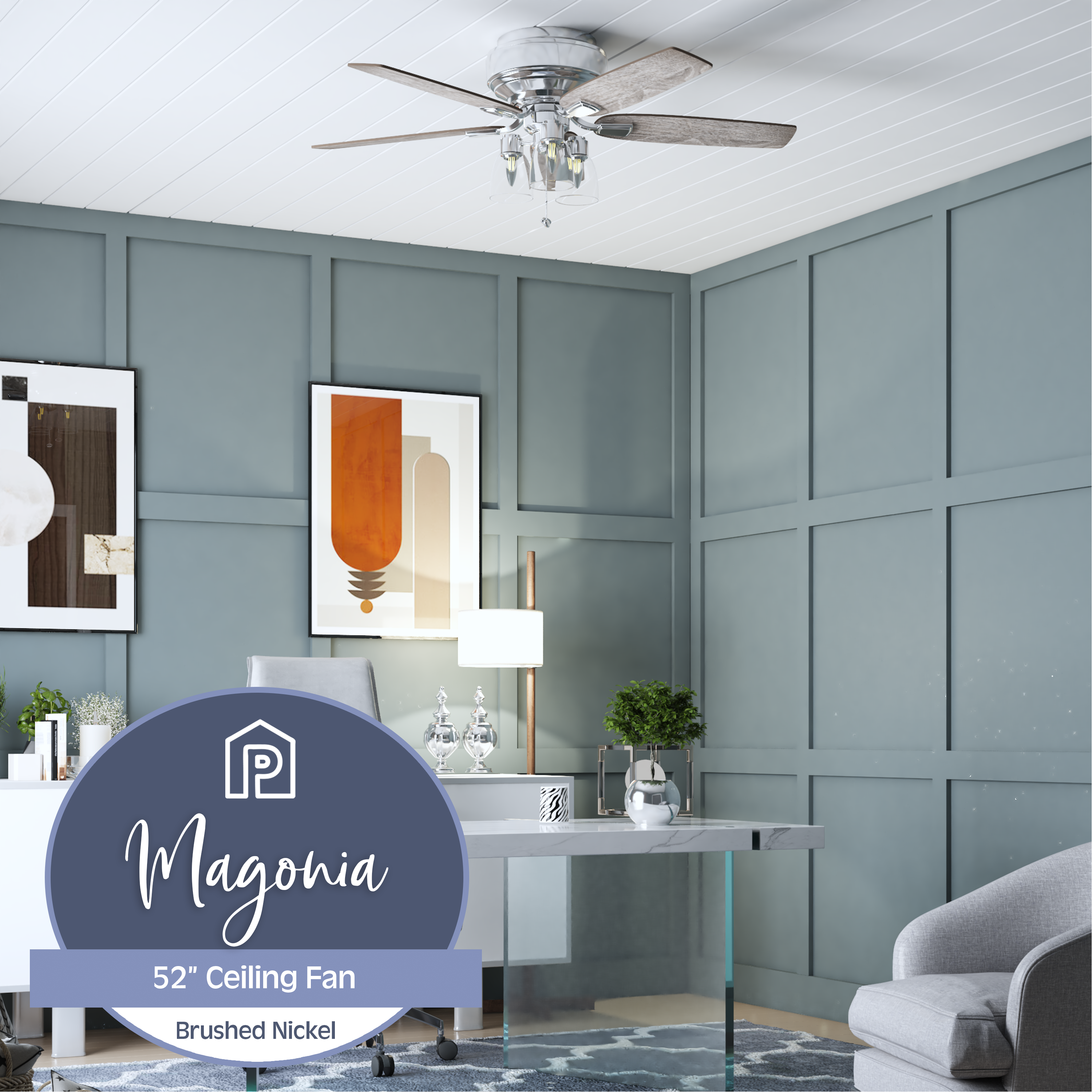Prominence Home 51669-45 Magonia 52 in. Farmhouse Style Flush Mount LED Ceiling Fan with Light - Brushed Nickel
