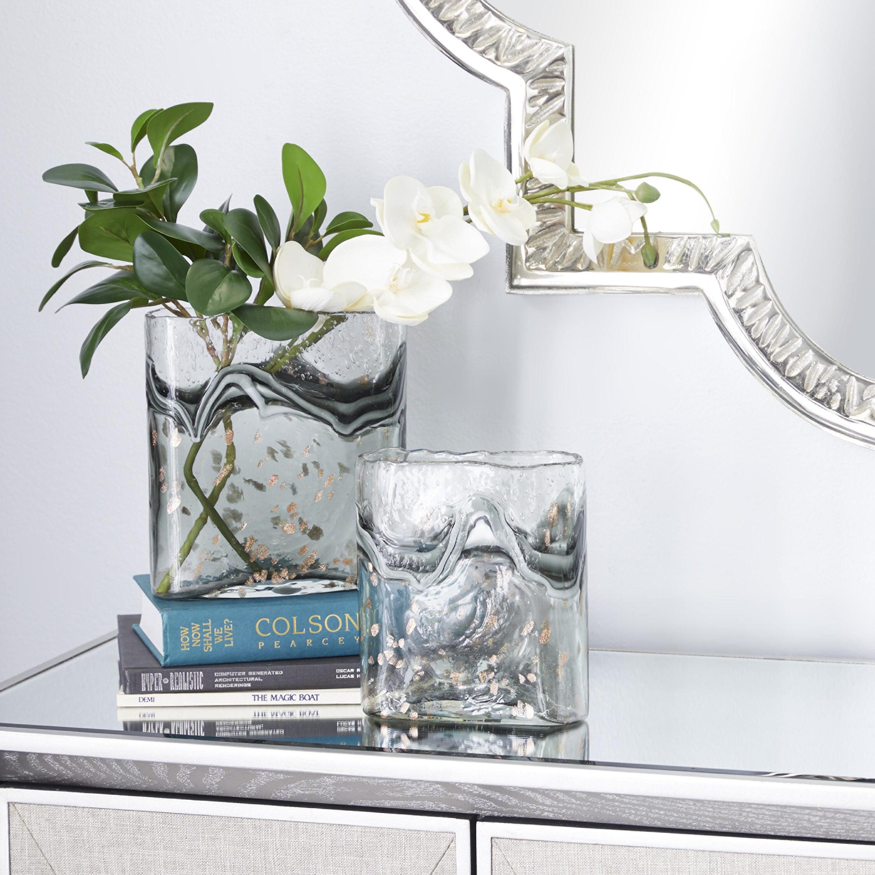 DecMode 9", 8"H Handmade Blown Gray Glass Vase with Speckled Wave Design, Set of 2