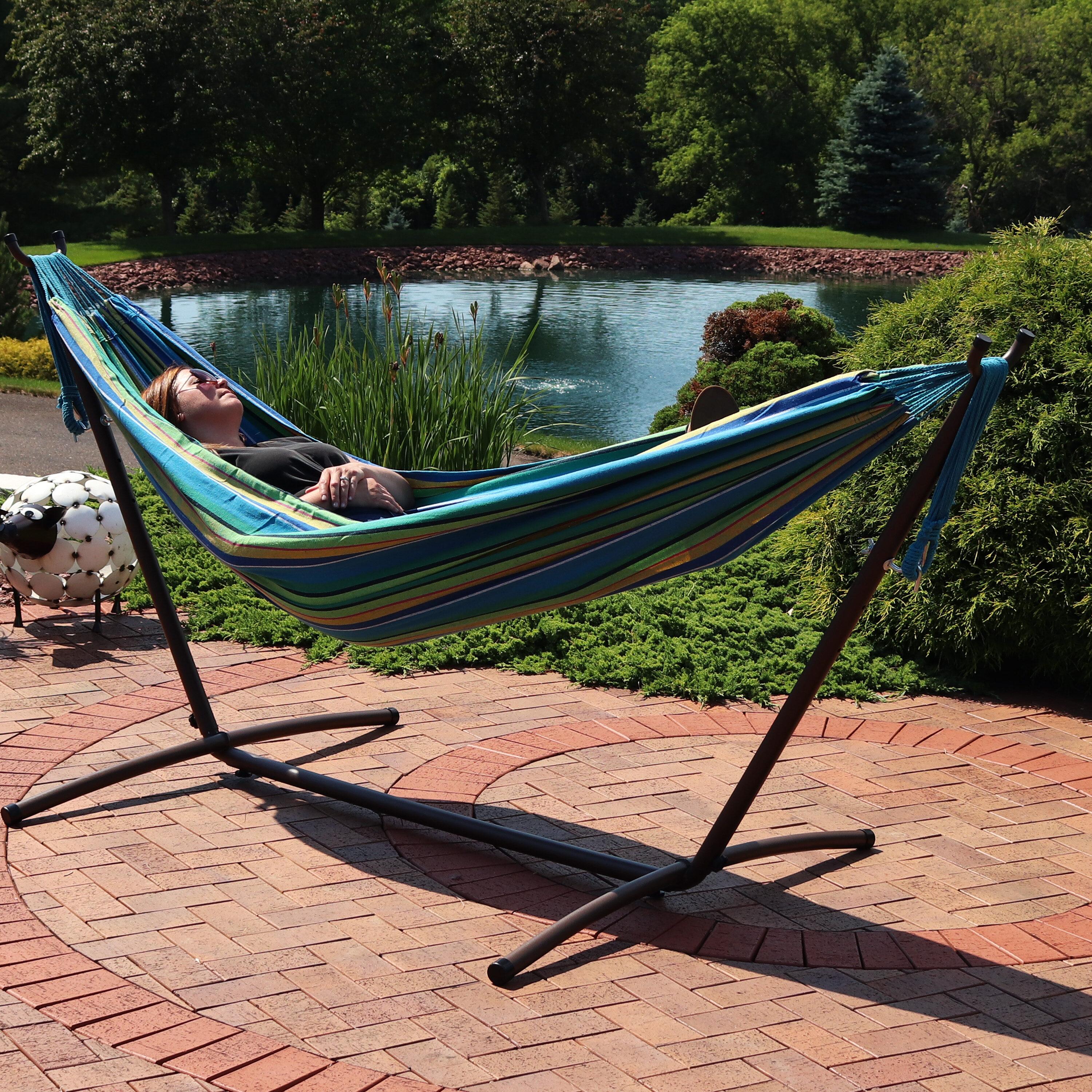 Sunnydaze Indoor/Outdoor Portable Brazilian Double Hammock with Stand and Carrying Pouch - 400 lb Weight Capacity - Beach Oasis