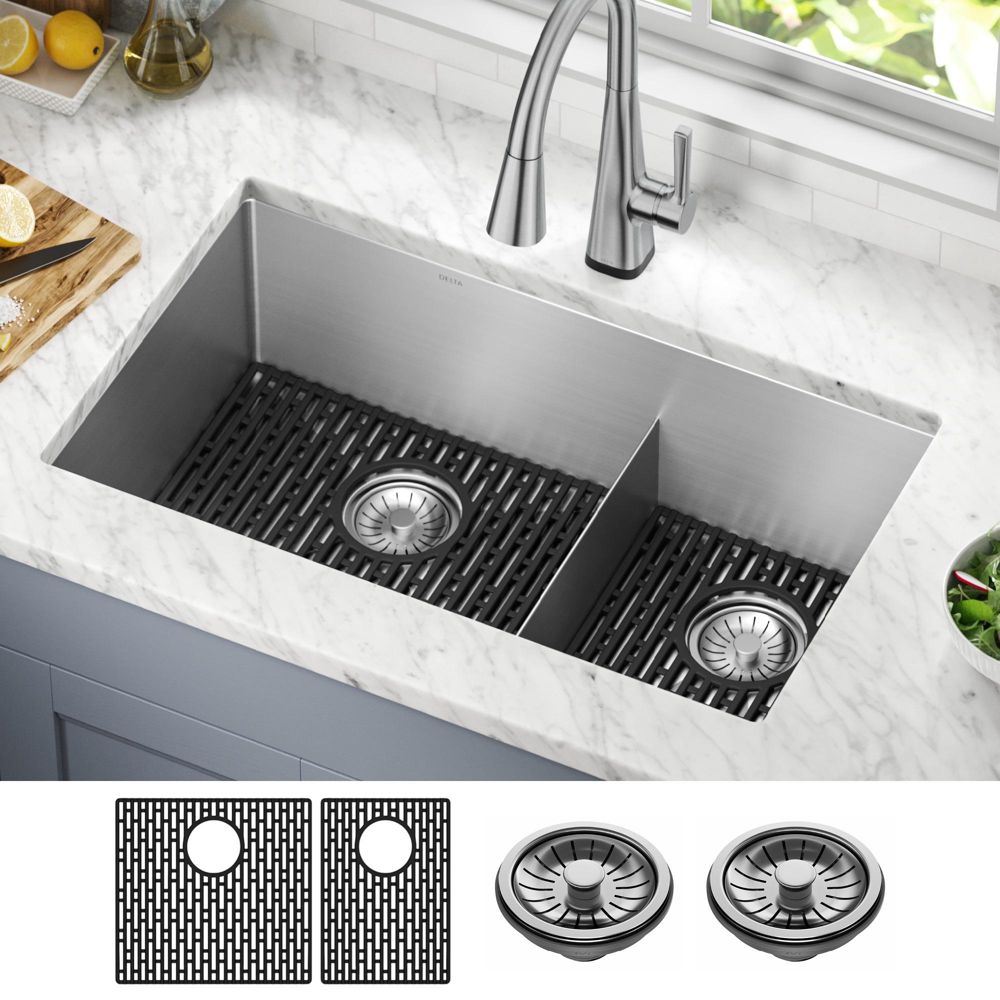 Delta Lenta™ 32" L Undermount 16 Gauge Stainless Steel Double Bowl Kitchen Sink with Accessories