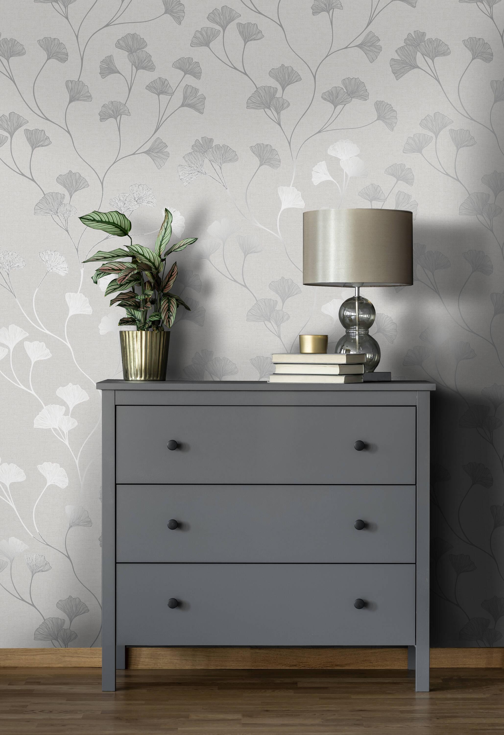Holden Glistening Ginkgo Silver Wallpaper: Mid-Century Modern Floral Design, Non-Pasted Paper, Smooth Metallic Finish, 56 Sq Ft Coverage