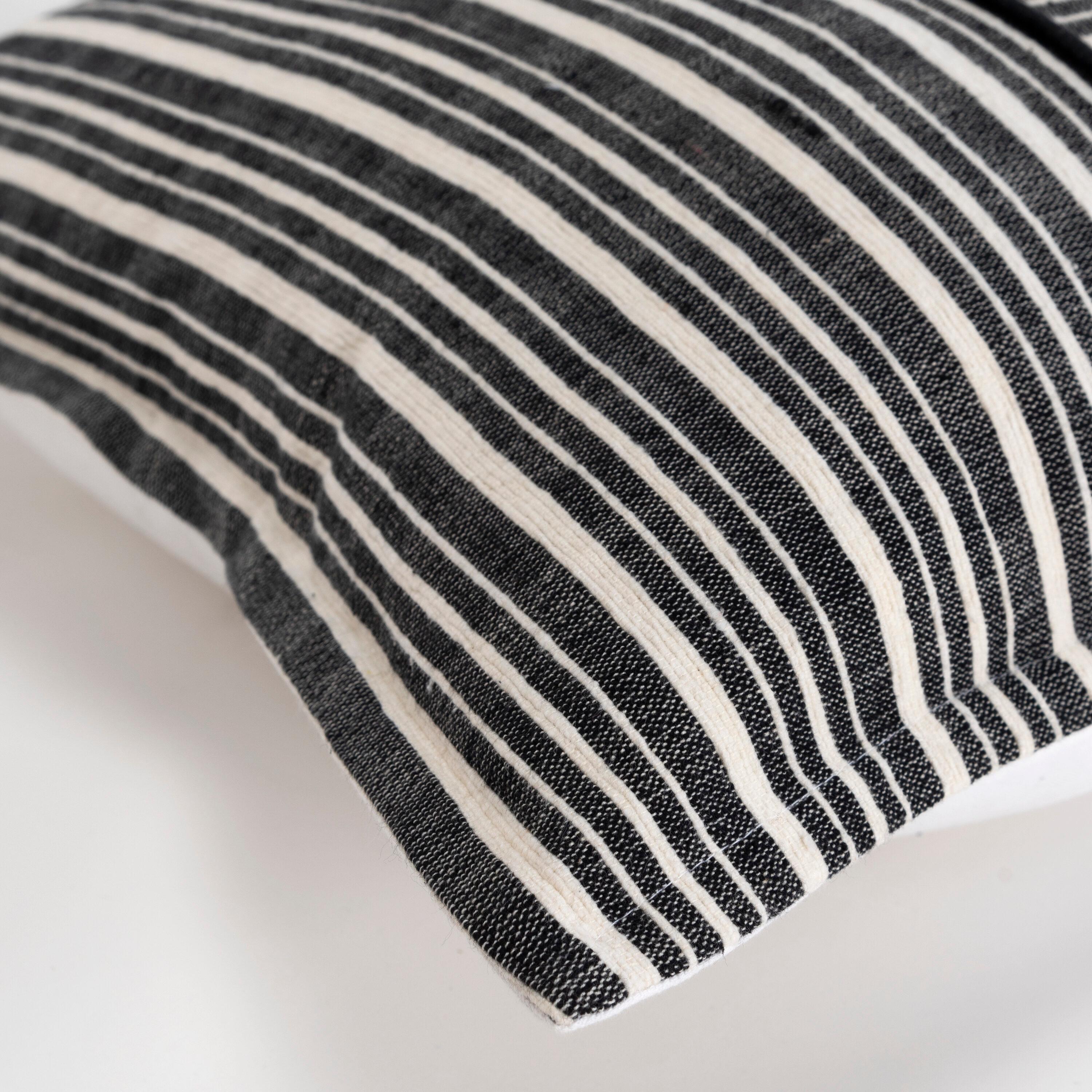 20"x20" Oversize Striped Poly Filled Square Throw Pillow Black - Rizzy Home: Woven Texture, Embroidered Detail