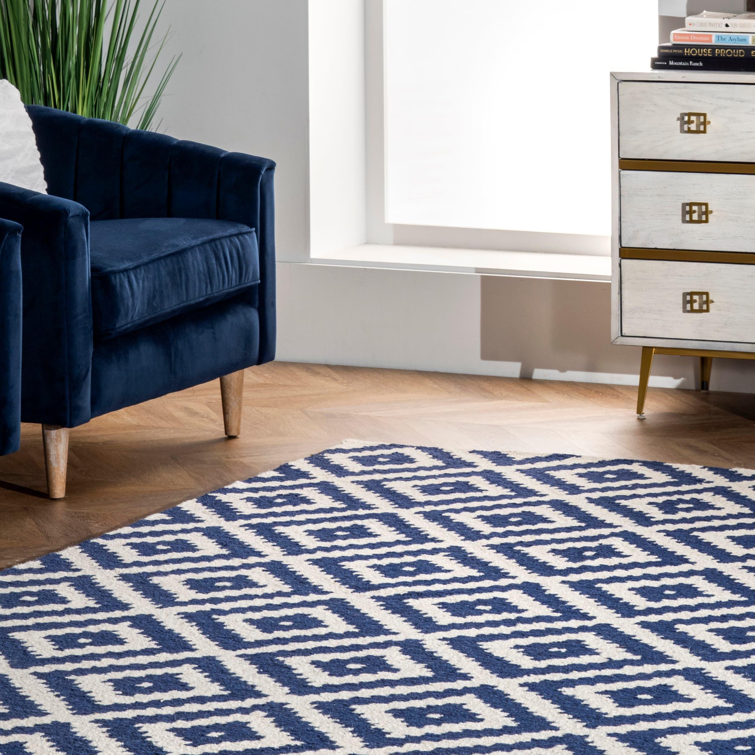 Nuloom Kellee Geometric 3x5 Wool Accent Indoor Area Rug for Living Room Bedroom Dining Room Entryway Kitchen, Navy/White