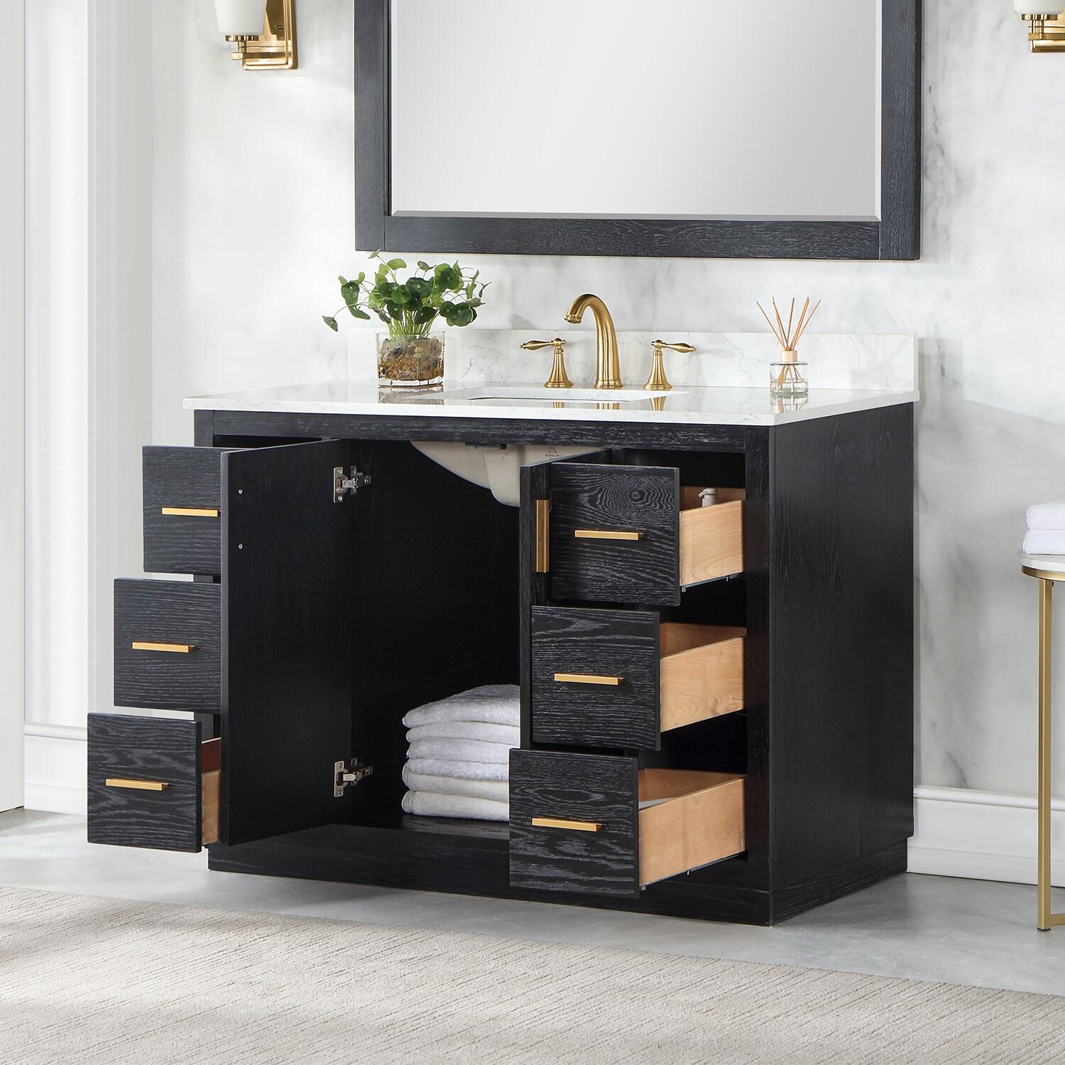 Gazsi 48" Single Bathroom Vanity Set in Black Oak with Grain White Composite Stone Countertop without Mirror
