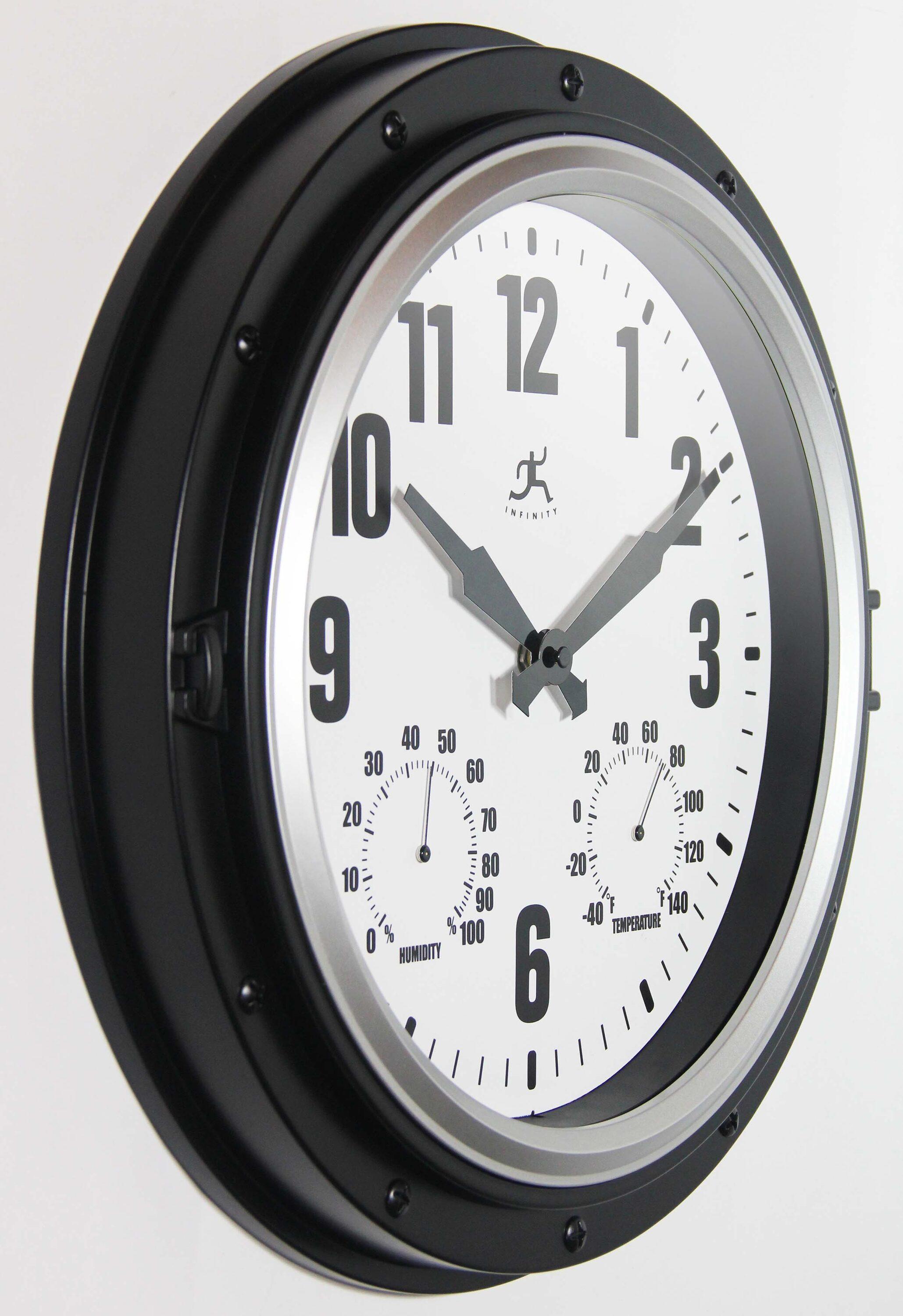 16" Forecaster Wall Clock Silver - Infinity Instruments: Modern Analog, Outdoor Use, Thermometer Feature