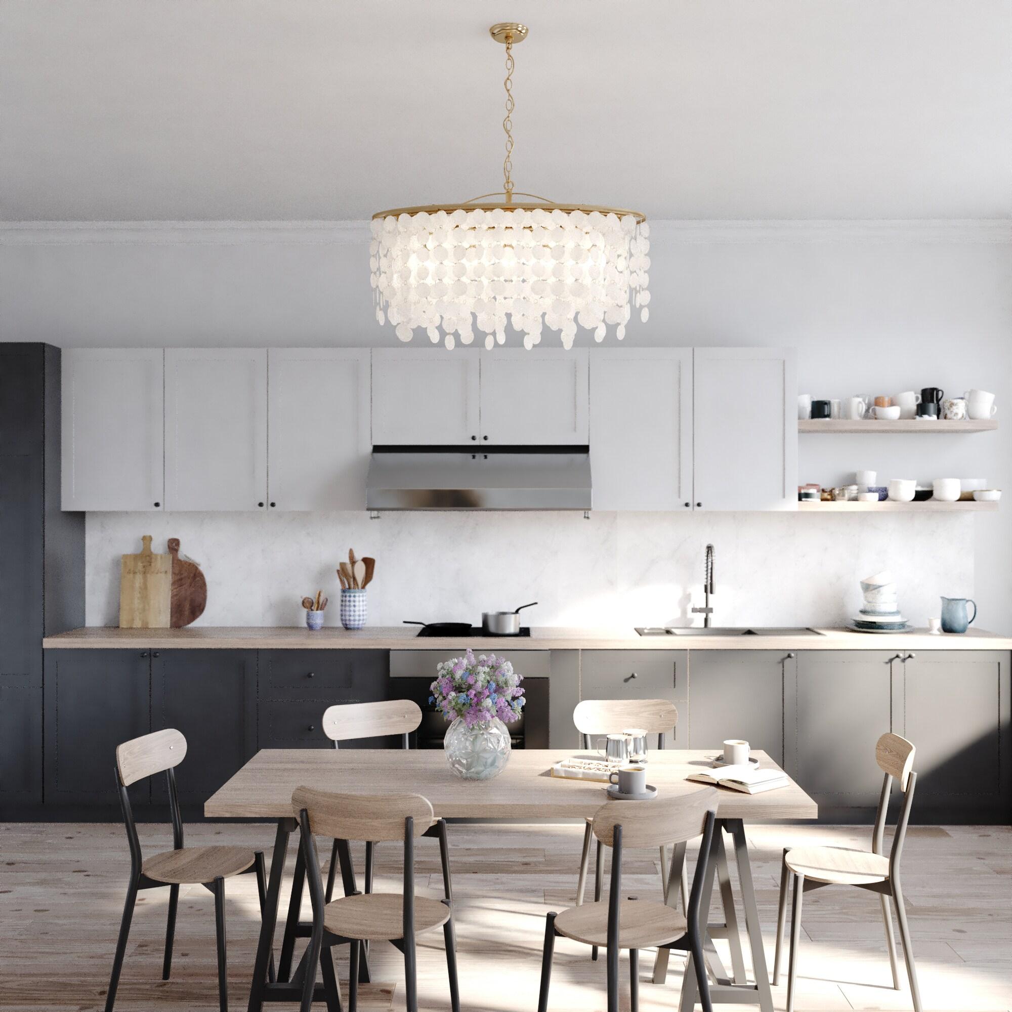 VAXCEL Elsa 5 Light Gold Brass Modern Coastal Glam Linear Chandelier Island Pendant Fixture with Capiz Shell