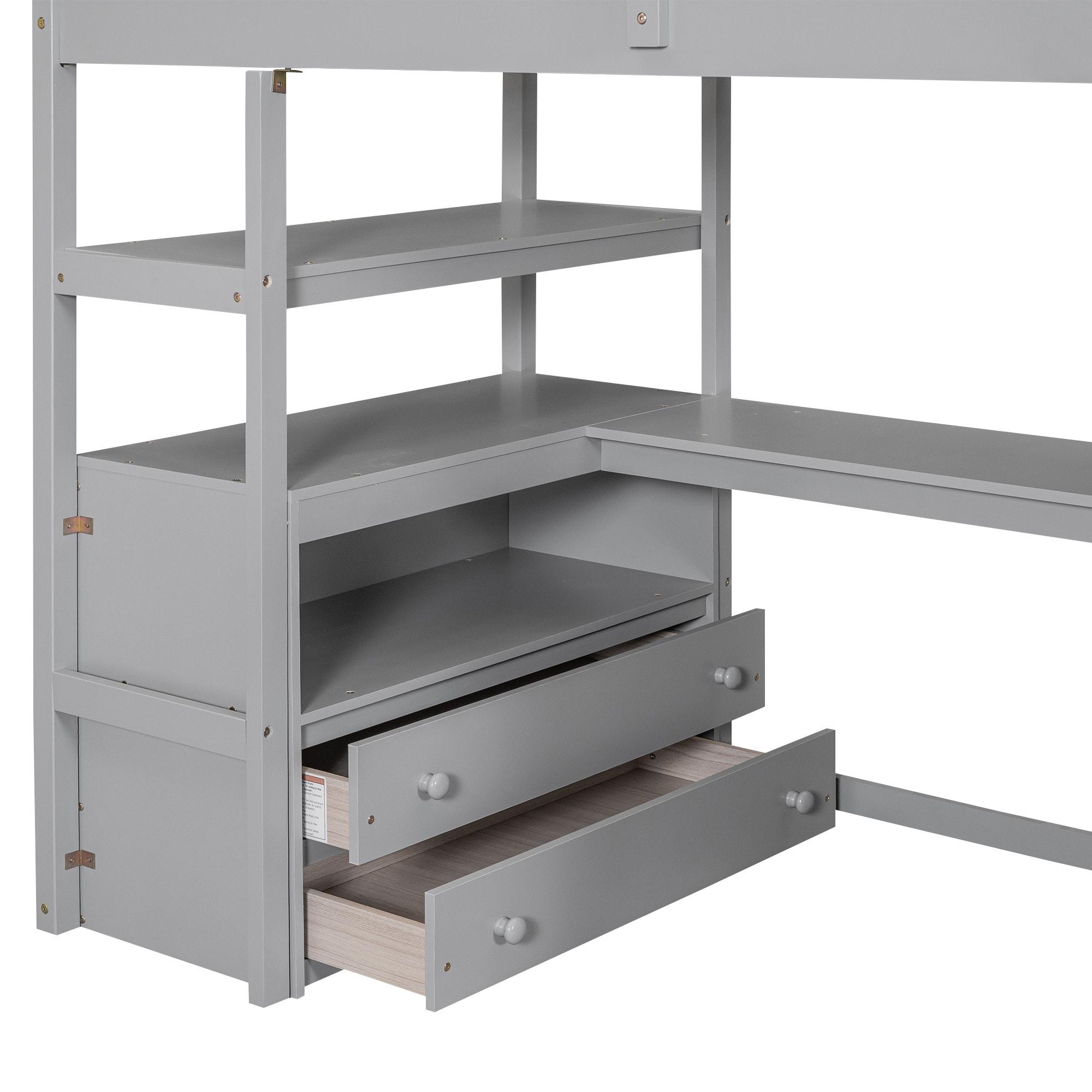 Stairway Twin Size Loft Bed with L Shape Desk, Shelves, Two Tier Drawers and Storage Staircase, Gray