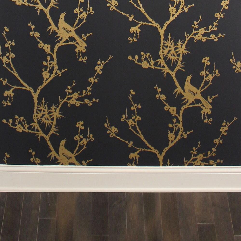 Tempaper & Co.® x Cynthia Rowley Bird Watching Removable Peel and Stick Wallpaper, Black and Gold, 56 sq ft: Vinyl, Self-Adhesive