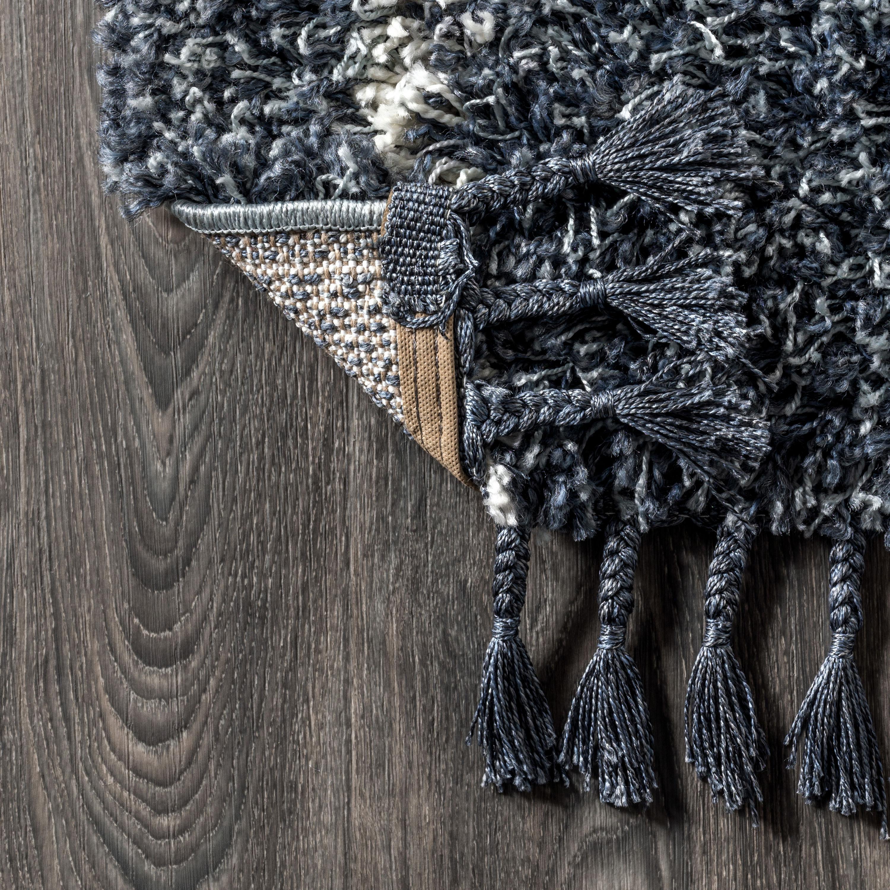 4'x6' Mercer Shag Plush Tassel Moroccan Geometric Trellis Area Rug, Denim/Cream - JONATHAN Y