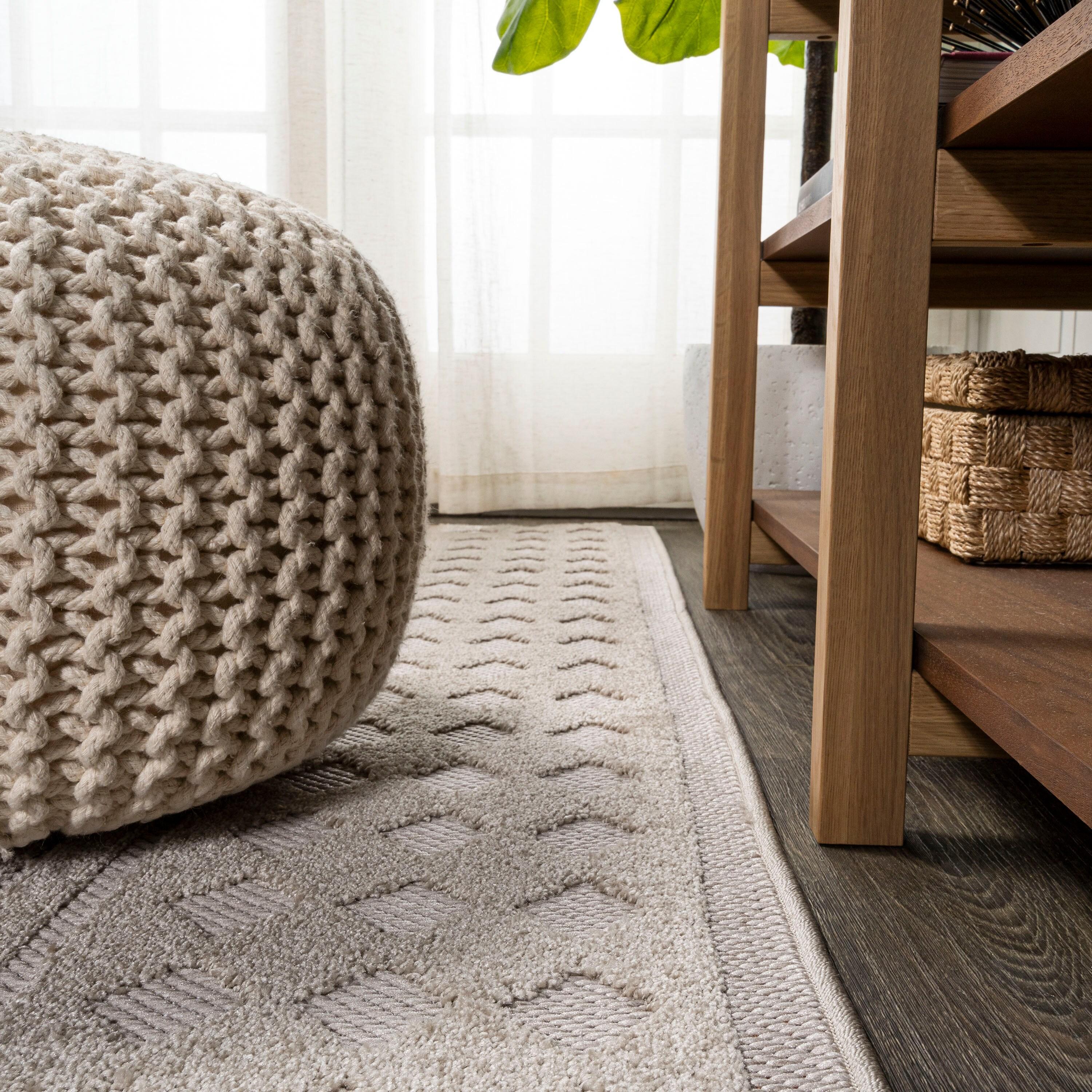 2'x8' Xlendi High-Low Pile Moroccan Geometric Indoor/Outdoor Runner Rug, Beige - JONATHAN Y