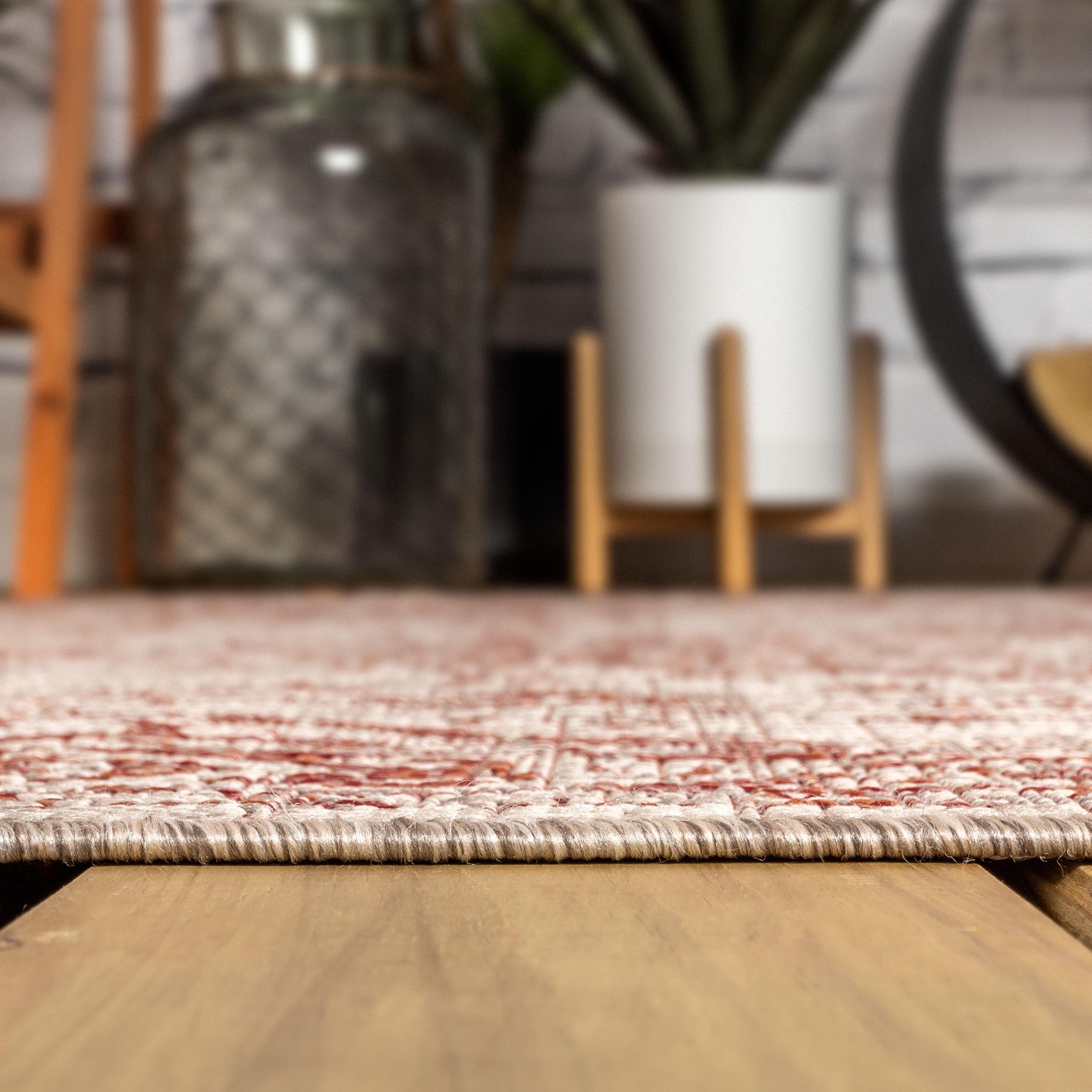 5' Square Rozetta Boho Medallion Textured Weave Indoor/Outdoor Area Rug, Red/Taupe - JONATHAN Y
