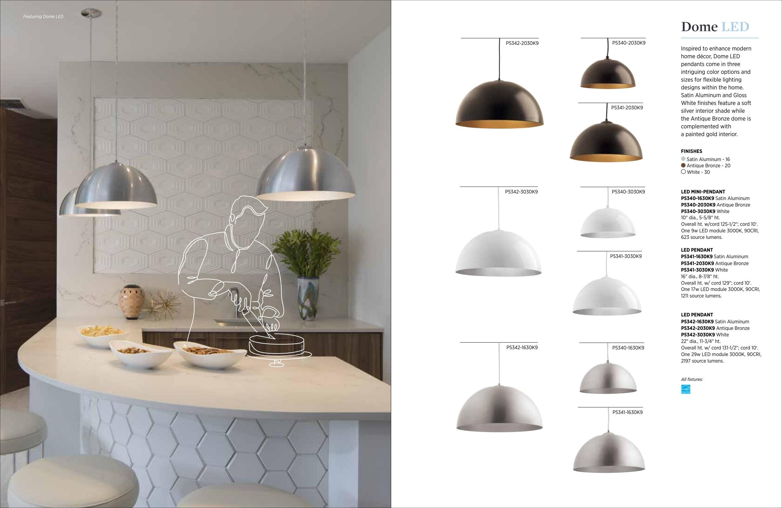 Progress Lighting Dome Collection 1-Light LED Pendant, Satin Aluminum Finish, Painted Silver Interior, Steel Material