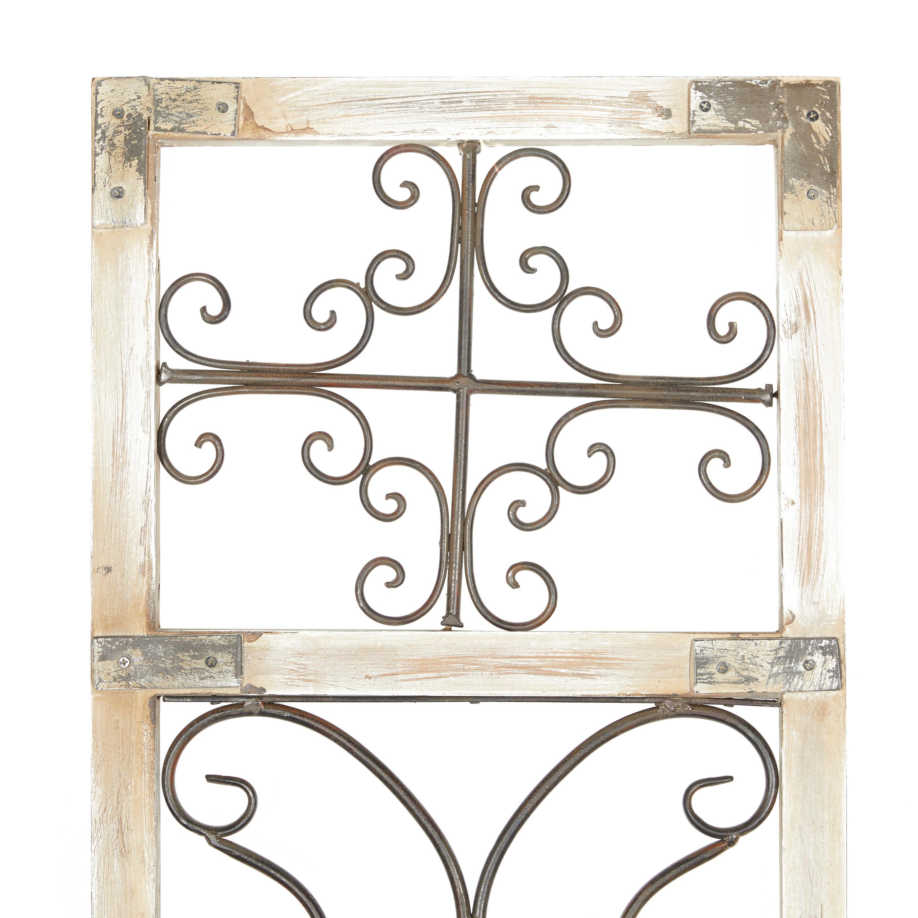 Cream Distressed Ornamental Panel Scroll Wall Sculpture with Bronze Metal Wire