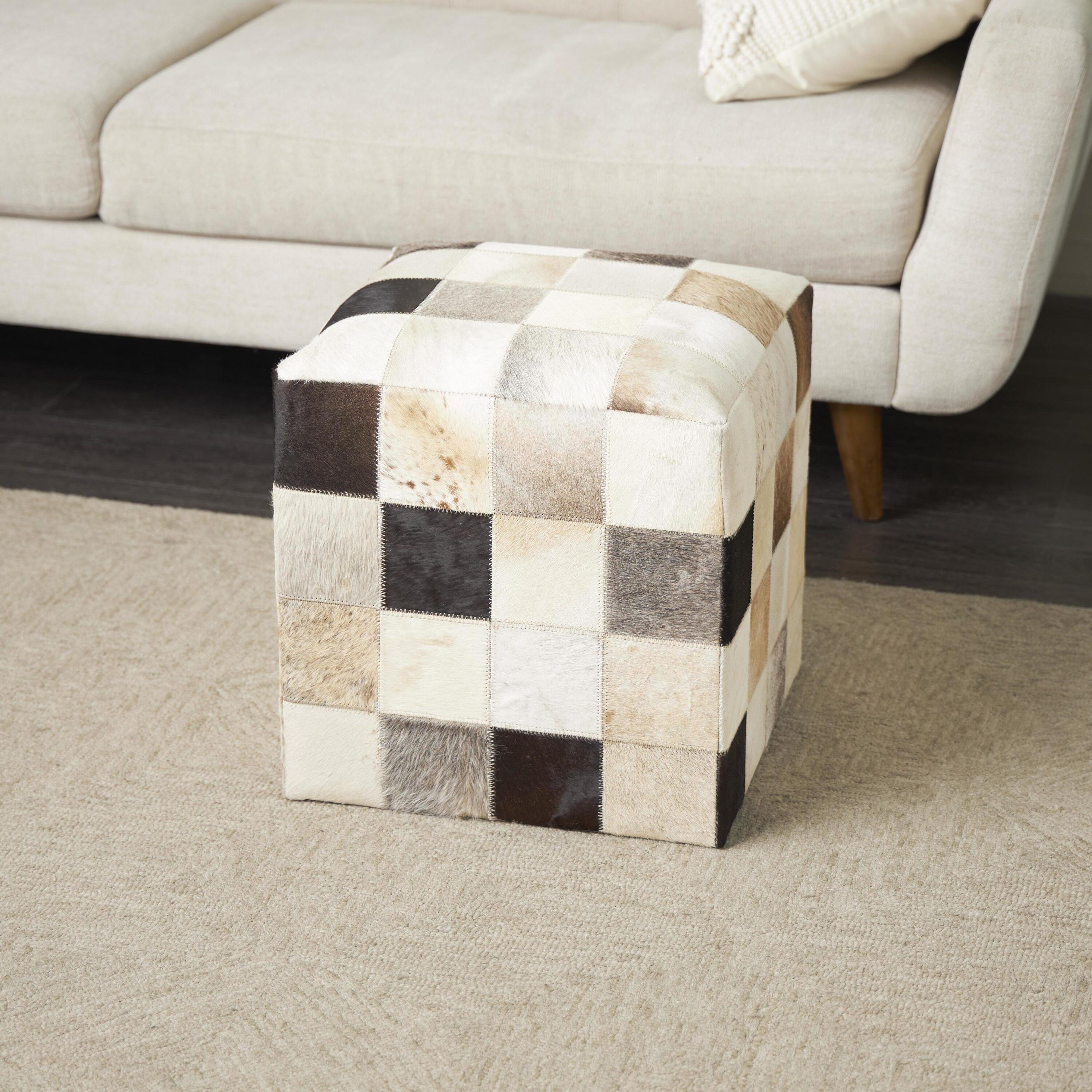 DecMode Leather Handmade Stool with Patchwork Pattern, Multi Colored