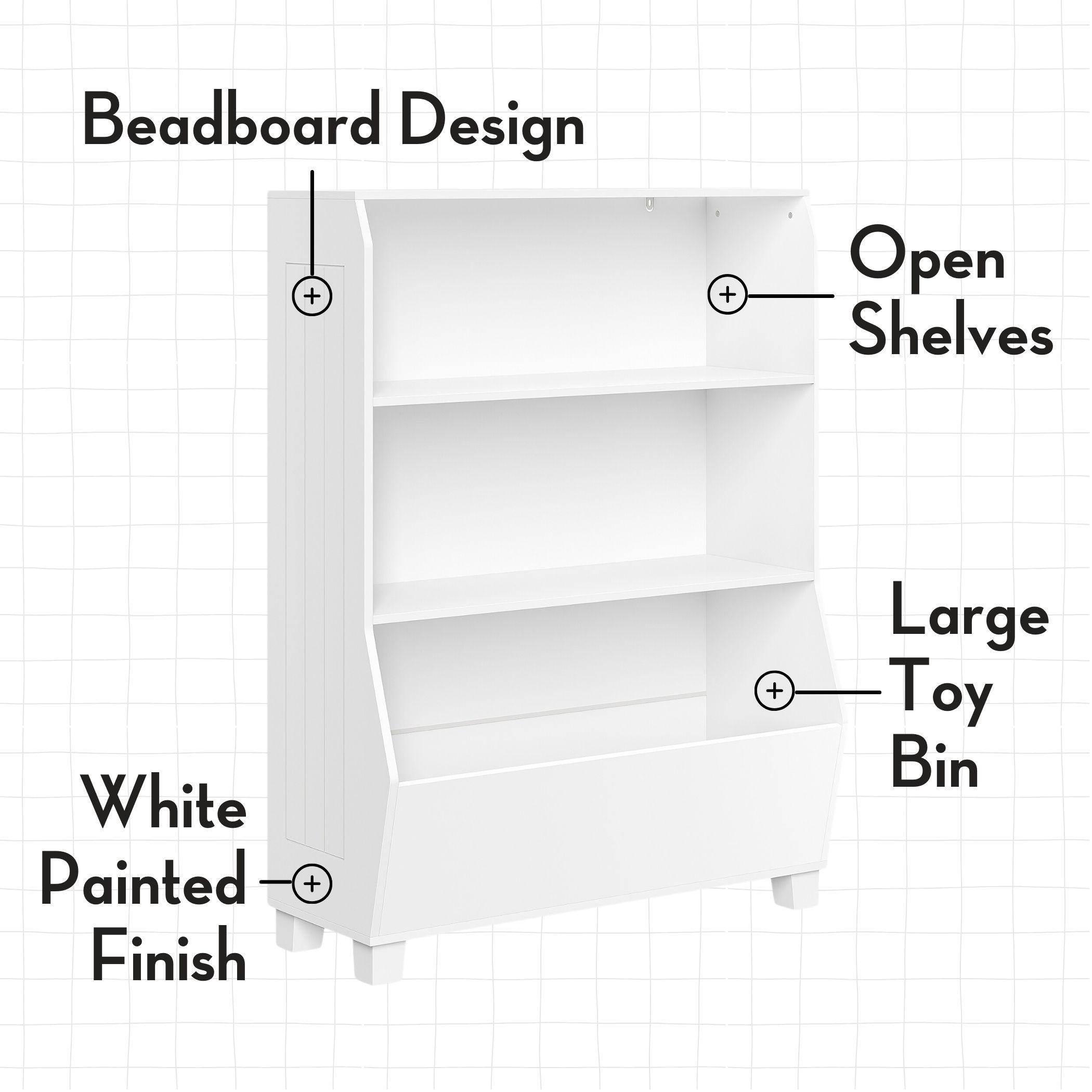 RiverRidge Kids 34in Playroom Bookshelf with Veggie Bin Organizer, 2 Open Toy Storage Shelves, and 2 Fabric Bins