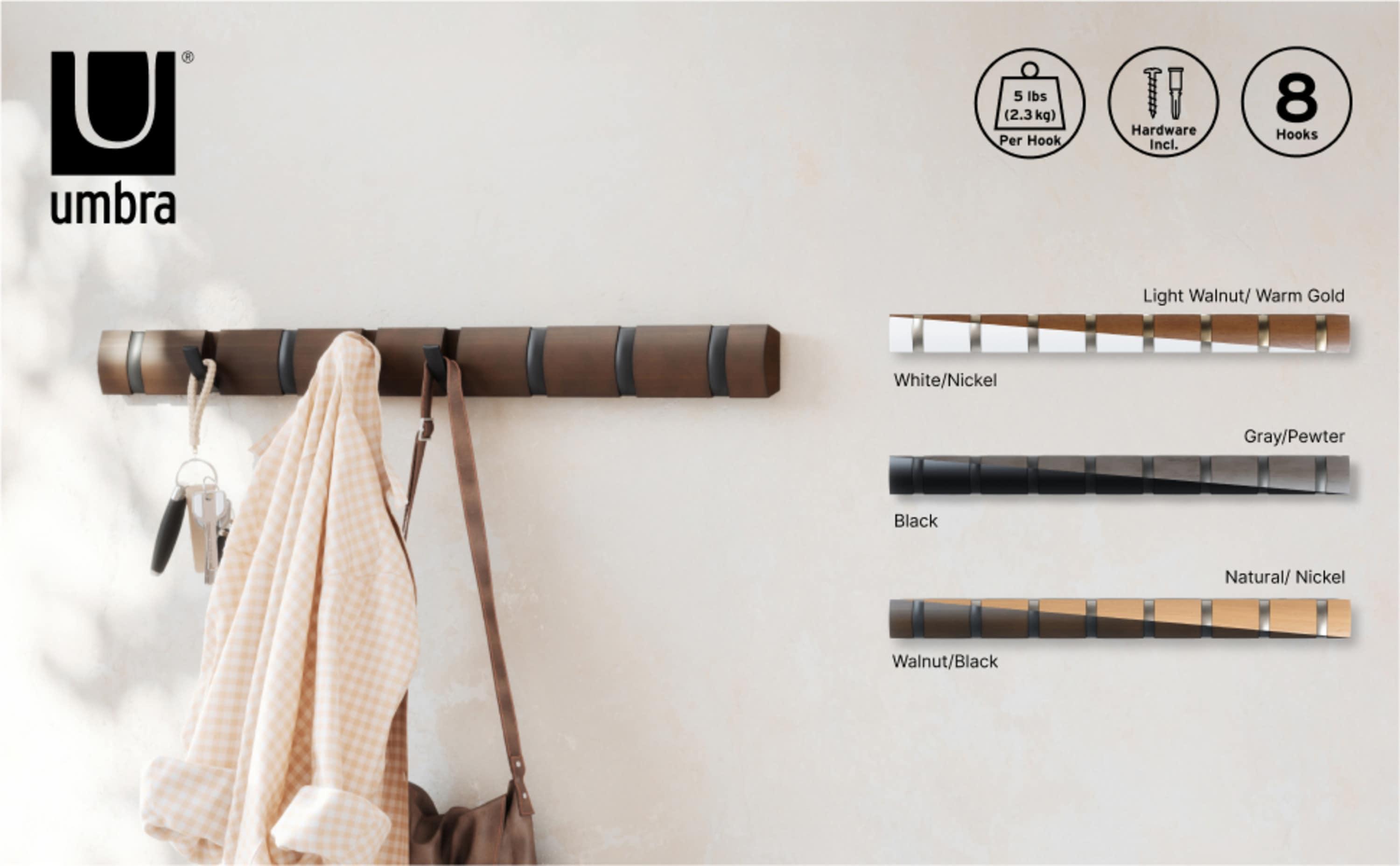 Flip 8 - Hook Solid Wood Coat Rack