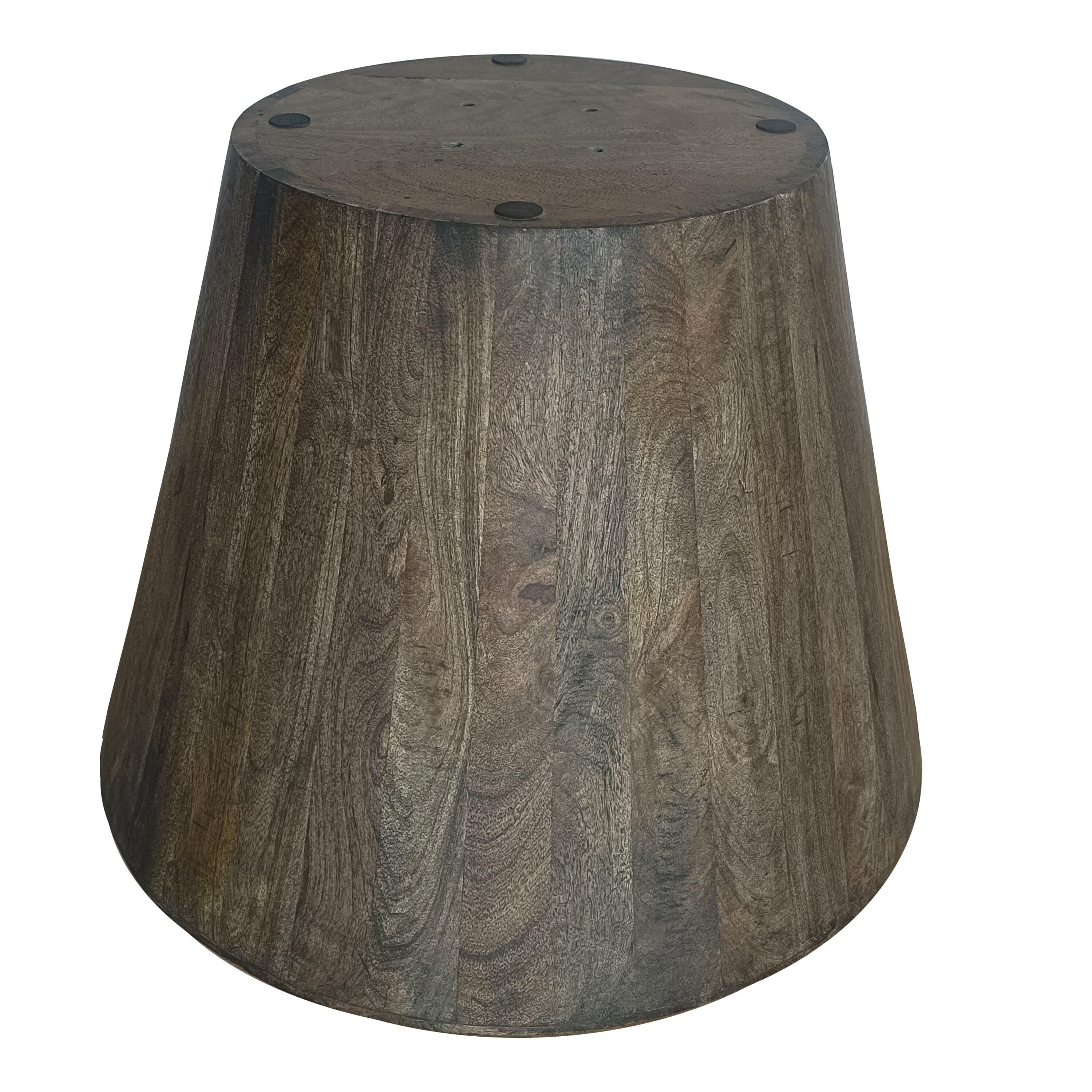 Royal Hampton 24 Inch Side End Table with Round Drum Shape, Handcrafted Mango Wood Construction, Distressed Gray