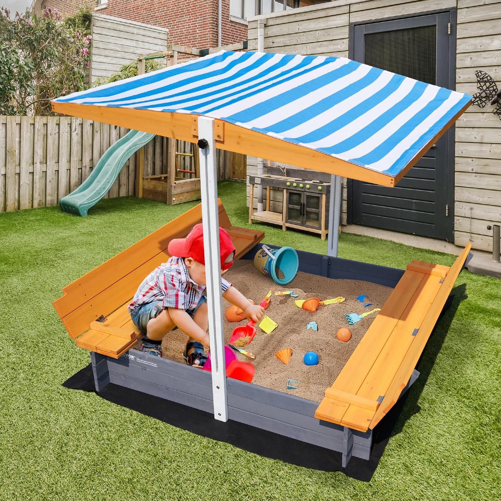 VEVOR Wooden Sandbox with Canopy, Sandpit with Foldable Bench Seats and Bottom Liner, Height Adjustable Roof, Gift for Ages 3-12 Years Old Backyard Garden Easy Assembly (57.3 x 47.2 x 47.2in)