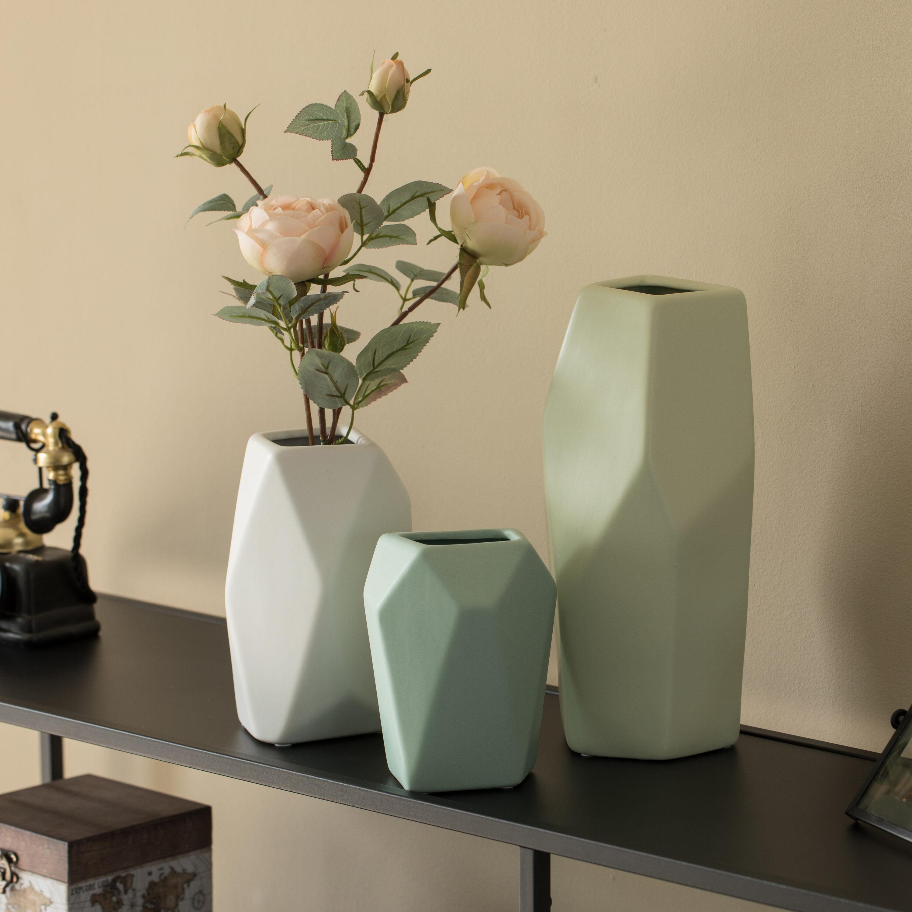 Uniquewise Decorative Ceramic Multi Paned Vase, Modern Style Centerpiece Table Vase Set of 3, Beige Large, White Medium, And Green Small