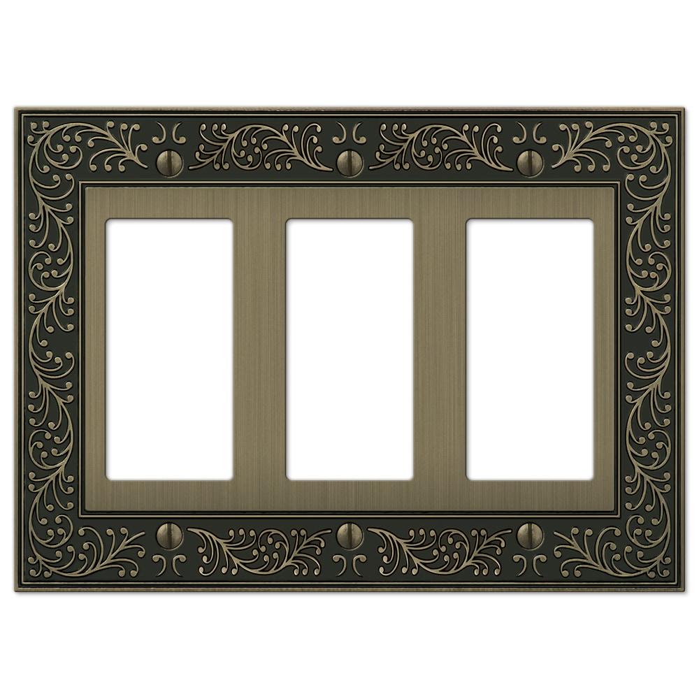 Amerelle 43RRRBB English Garden Wallplate, 3 Rocker, Cast Metal, Brushed Brass, 1-Pack
