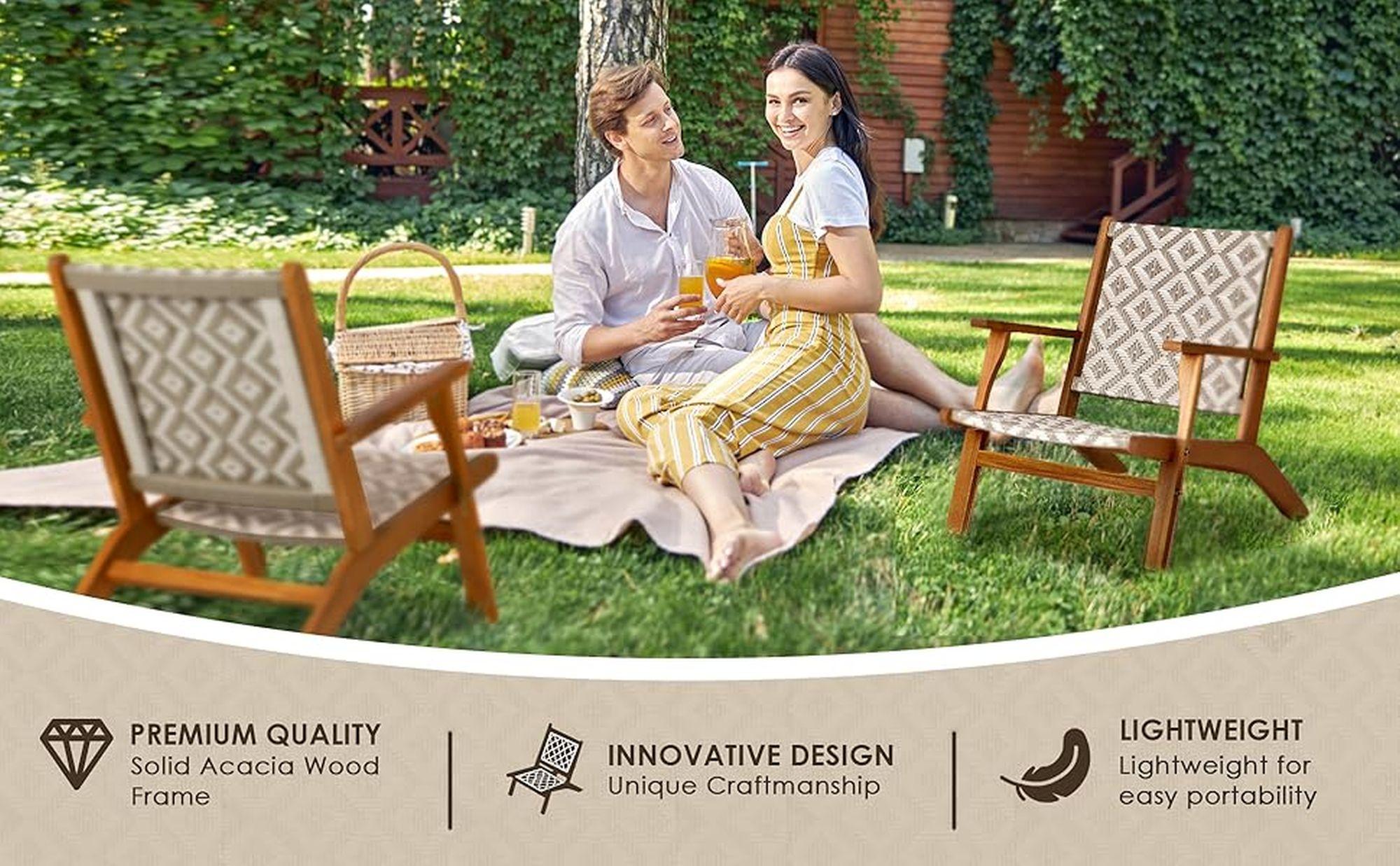 Balkene Home Patio Sense Vega Natural Stain Chair ,Acacia Wood Construction ,Woven Web Seat- Navy Blue Cording