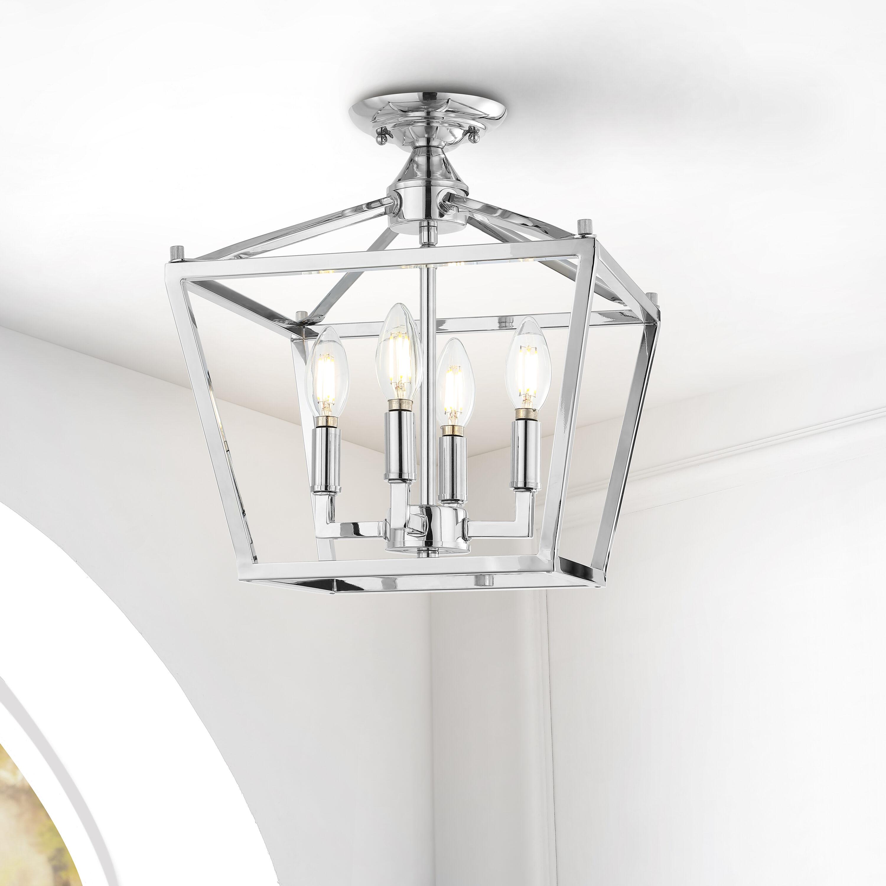 Plains Mini Lantern 12 in. 4-Light Chrome Iron Modern Farmhouse LED Flush Mount