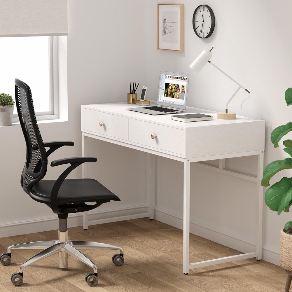 White Modern Computer Desk with Drawers and Golden Legs