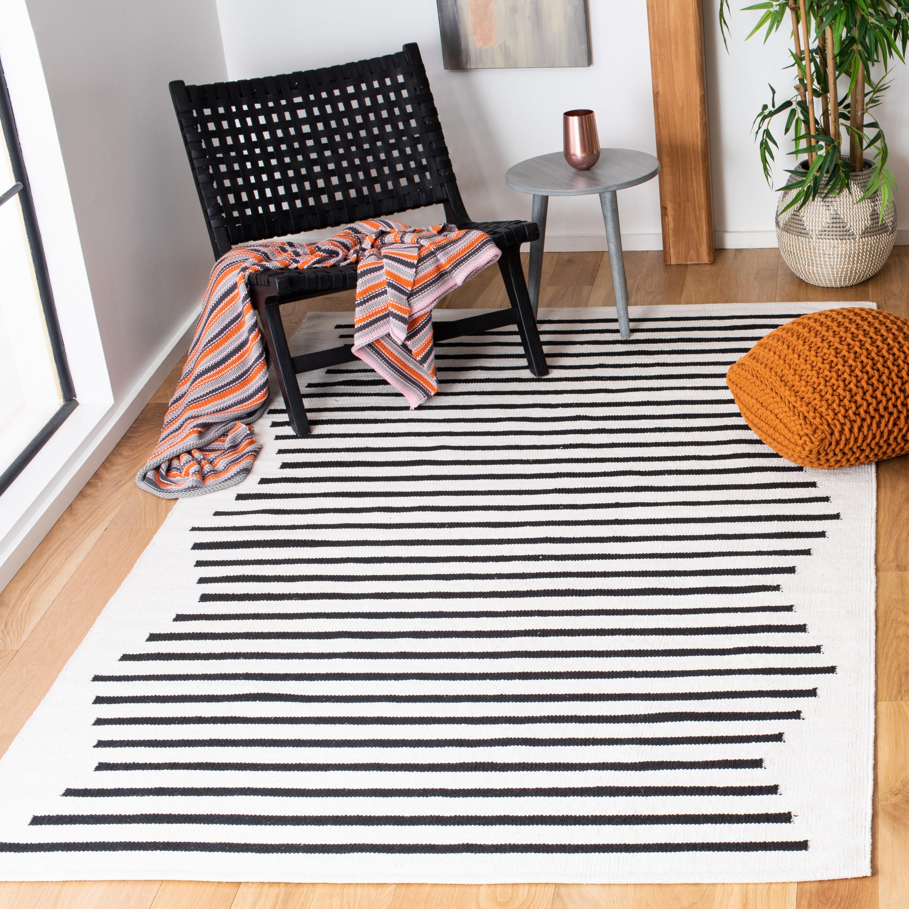 Handwoven Black Stripe Cotton 8' Square Flat Weave Rug