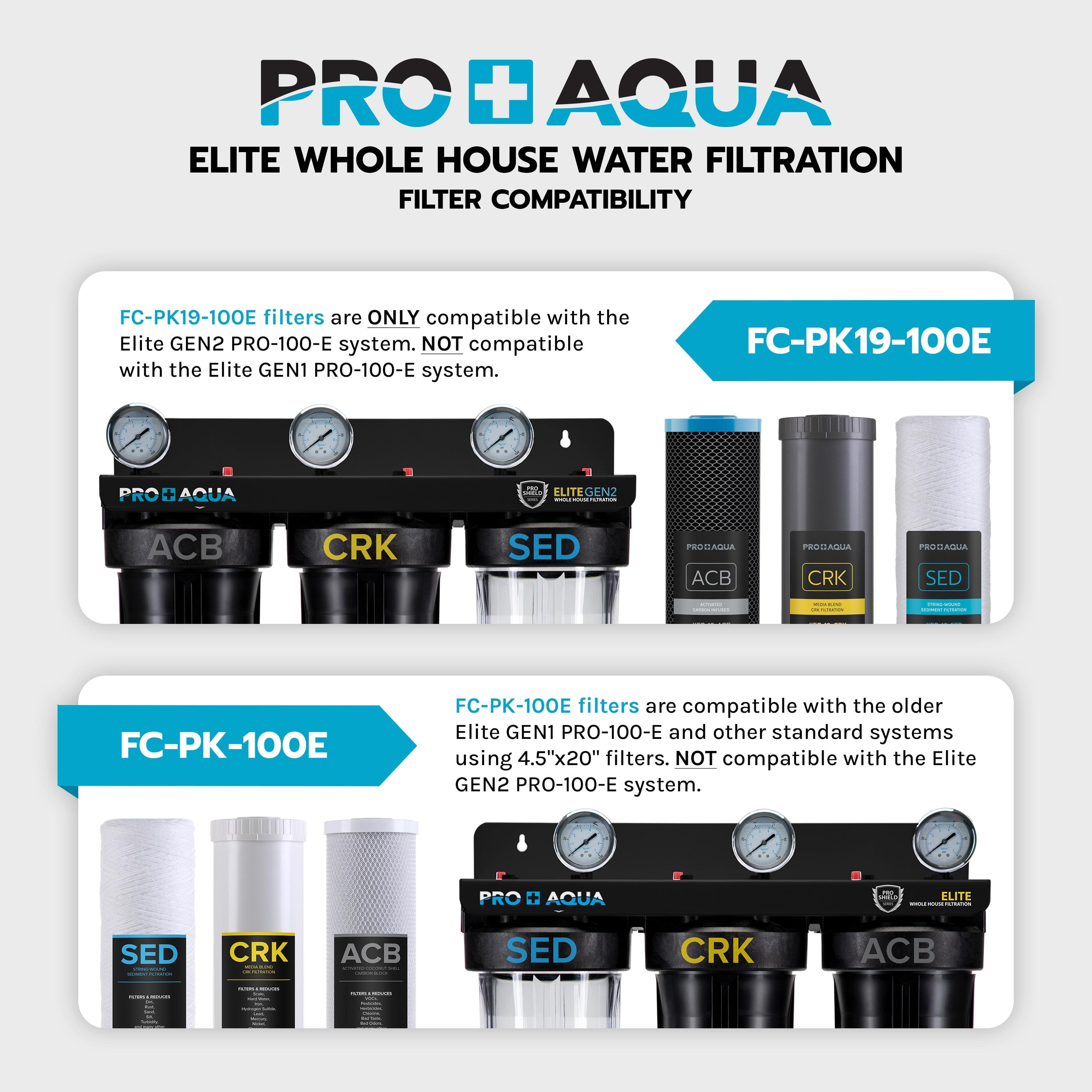 PRO+AQUA ELITE SERIES GEN2 PRO-100-E 3-Stage Whole House Water Filtration System for City and Well Water with Pressure Gauges, Removes 99% of Chlorine, VOCs, Odors & Contaminants, 1” Ports