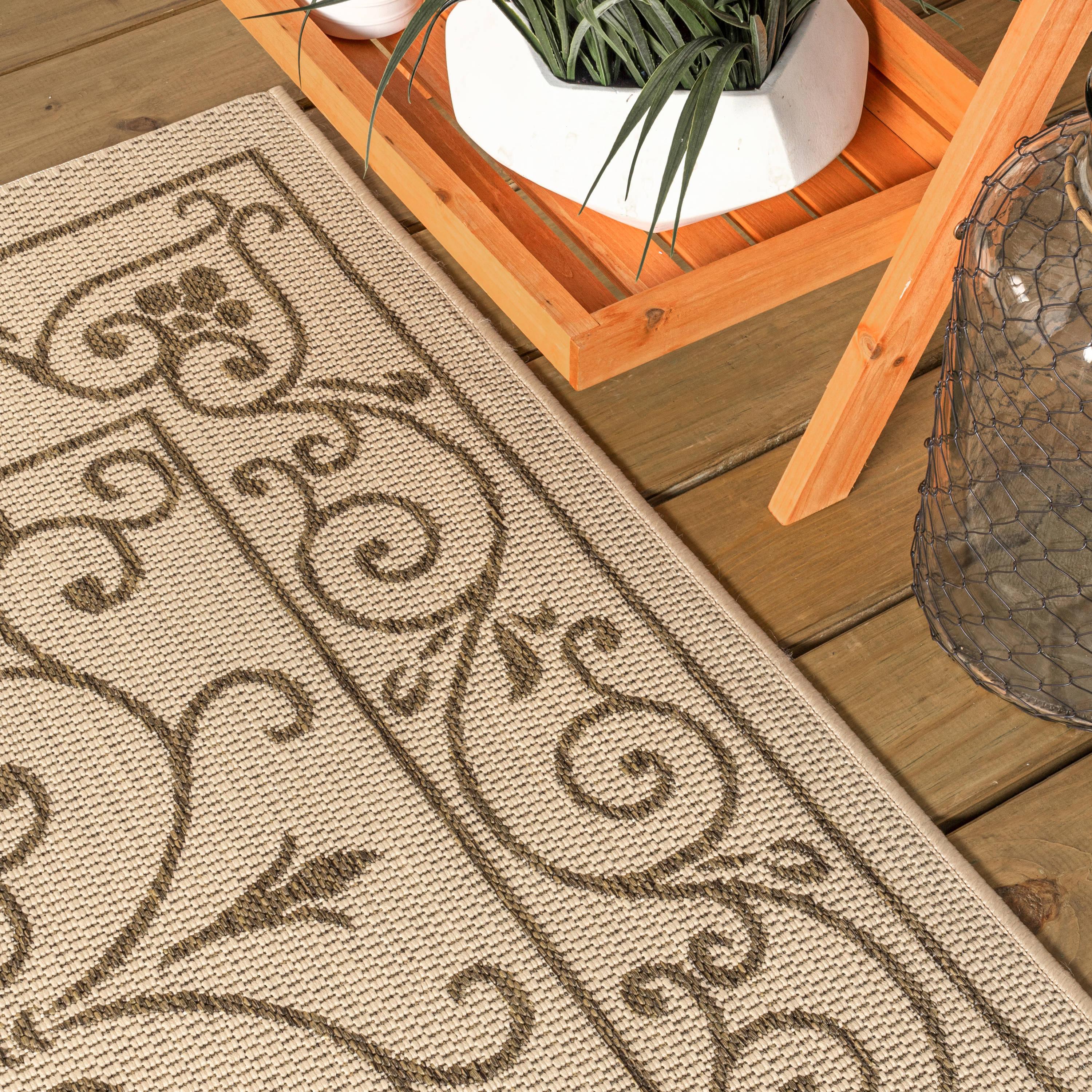 8'x10' Charleston Vintage Filigree Textured Weave Indoor/Outdoor Area Rug, Beige/Brown - JONATHAN Y