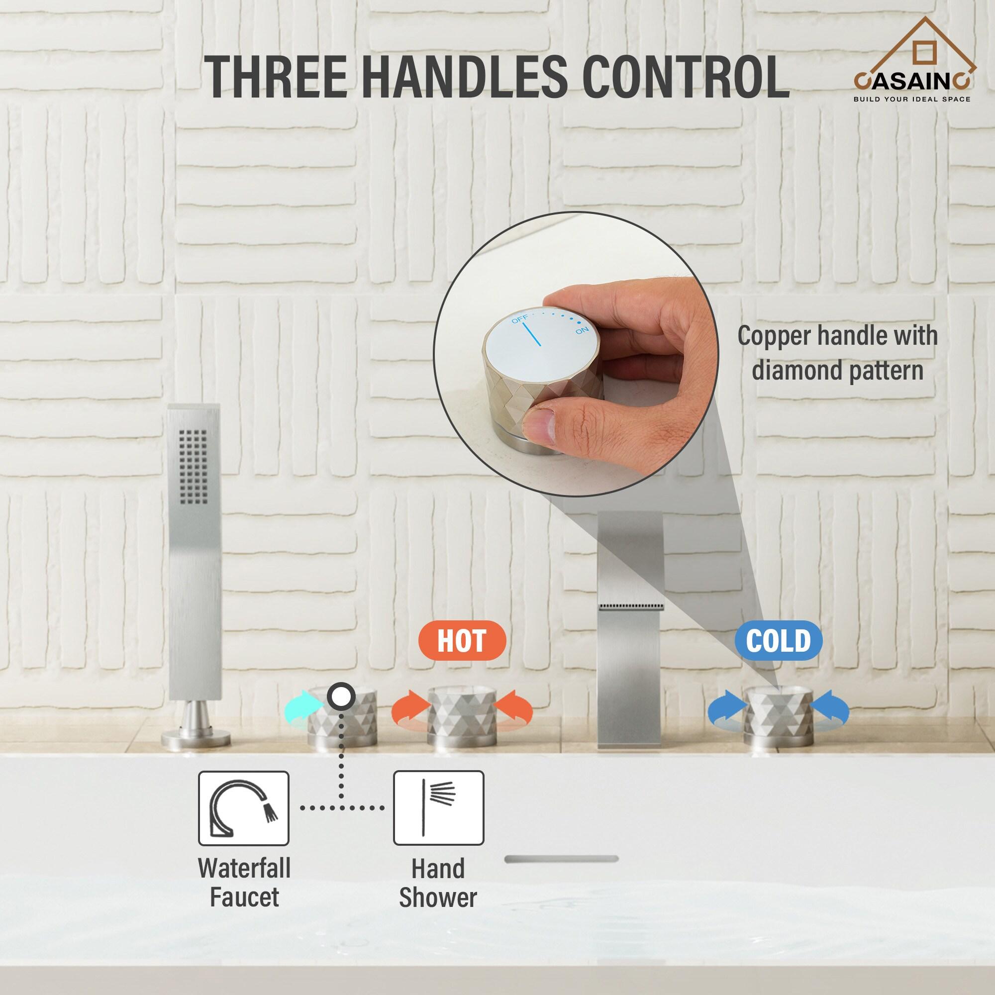 3 Handles Deck Mounted Bathroom Tub Faucet Trim with Handshower