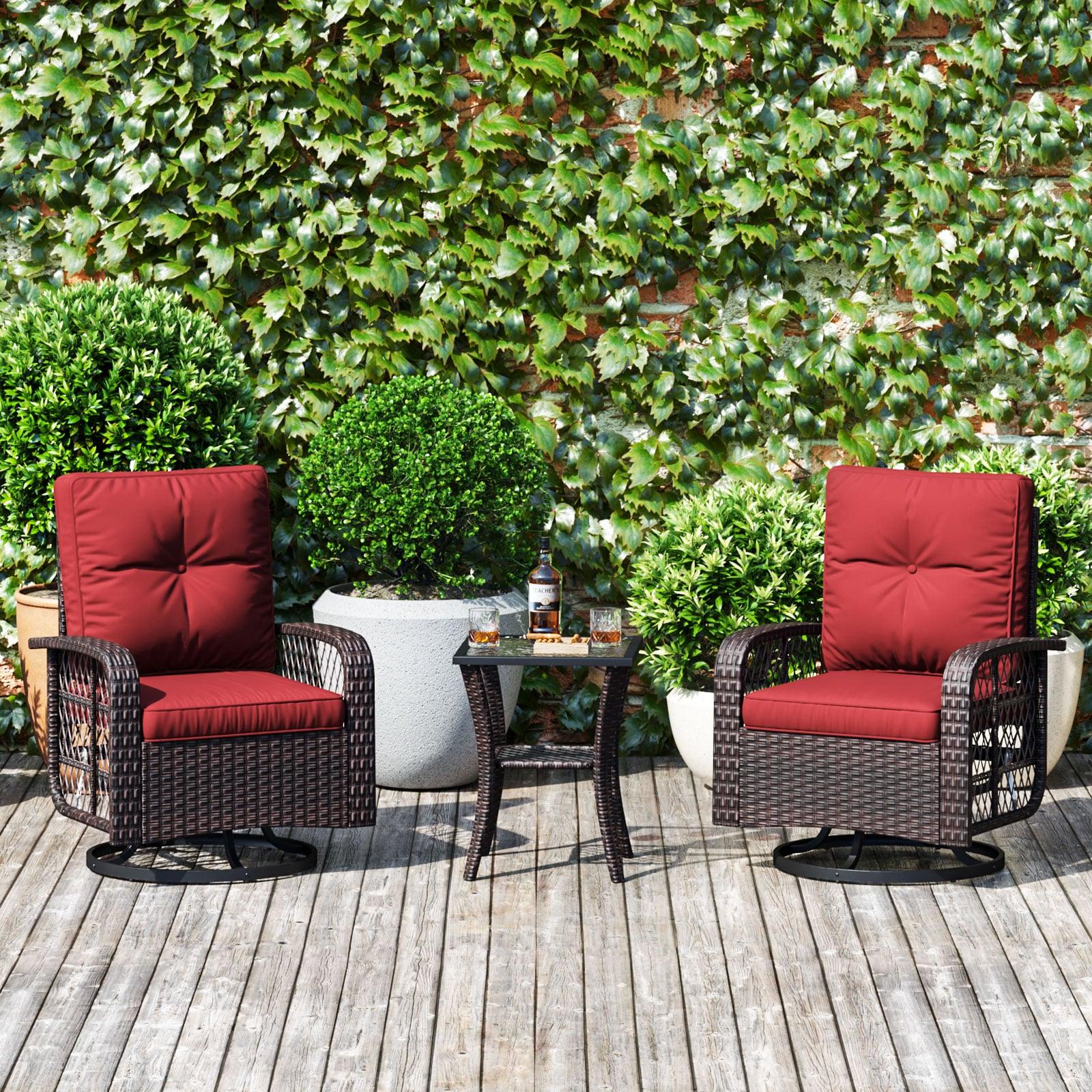 ECOPATIO 3 Pieces Patio Furniture Set, Outdoor Swivel Gliders Rocker, Wicker Patio Bistro Set with Rattan Rocking Chair, Glass Top Side Table and Thickened Cushions for Porch Deck Backyard(Red)