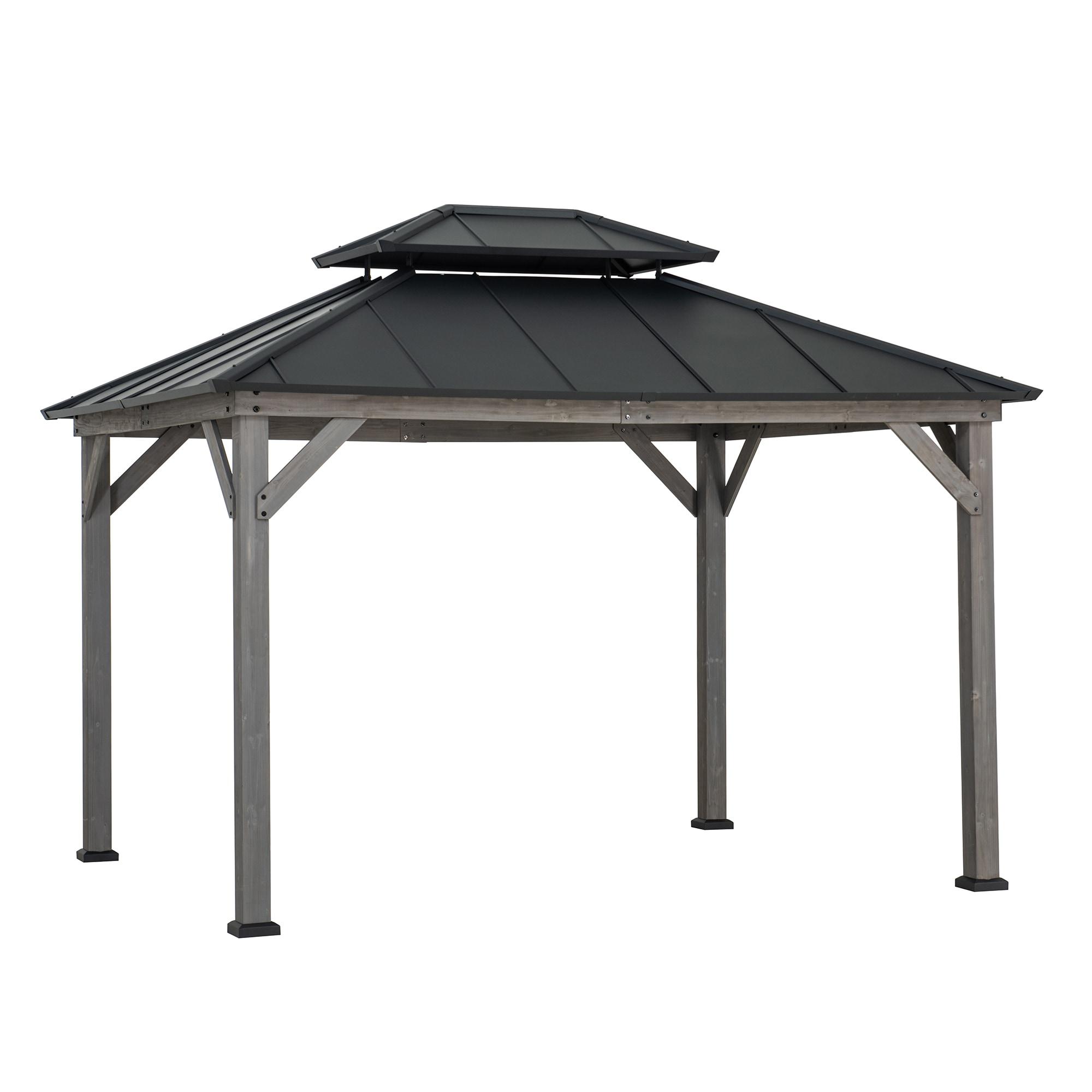 Sunjoy 10 x 12 ft. Wood Gazebo, Outdoor Patio Steel Hardtop Gazebo, Cedar Framed Wooden Gazebo with 2-Tier Metal Roof, Suitable for Patios, Lawn and Backyard