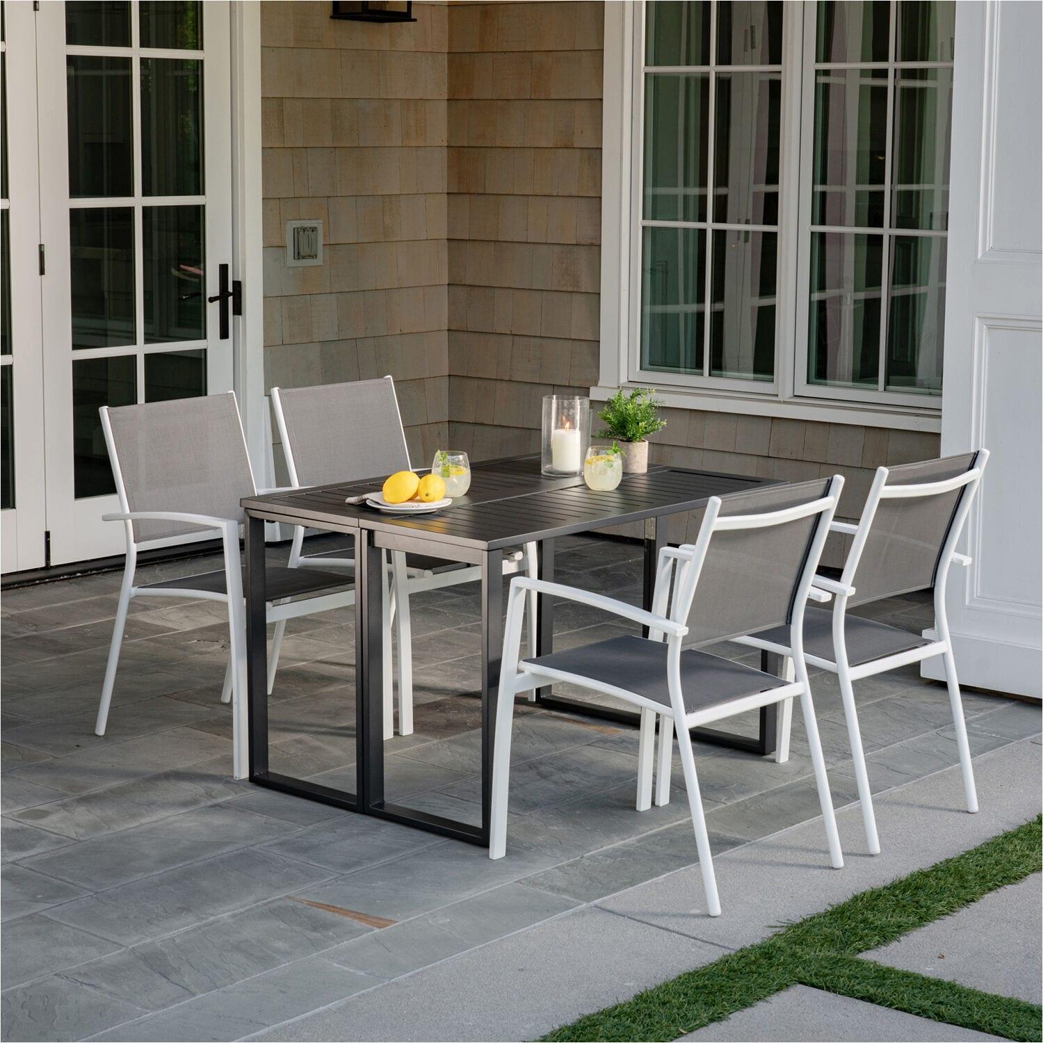 Hanover Conrad 5-Piece Compact Outdoor Dining Set | 4 Stackable Sling Chairs | Slat-Top Convertible Folding Table | Modern Design | Durable Aluminum Frame | White/Gray | CONDN5PC-WHT