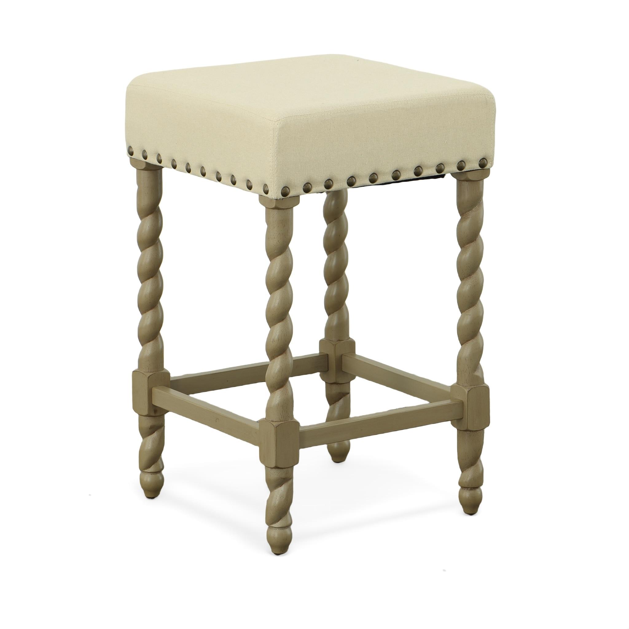 Carolina Living 24" Cadmus Counter Height Barstool Gray/Beige: Upholstered Seat, Antique Brass Nailhead Trim