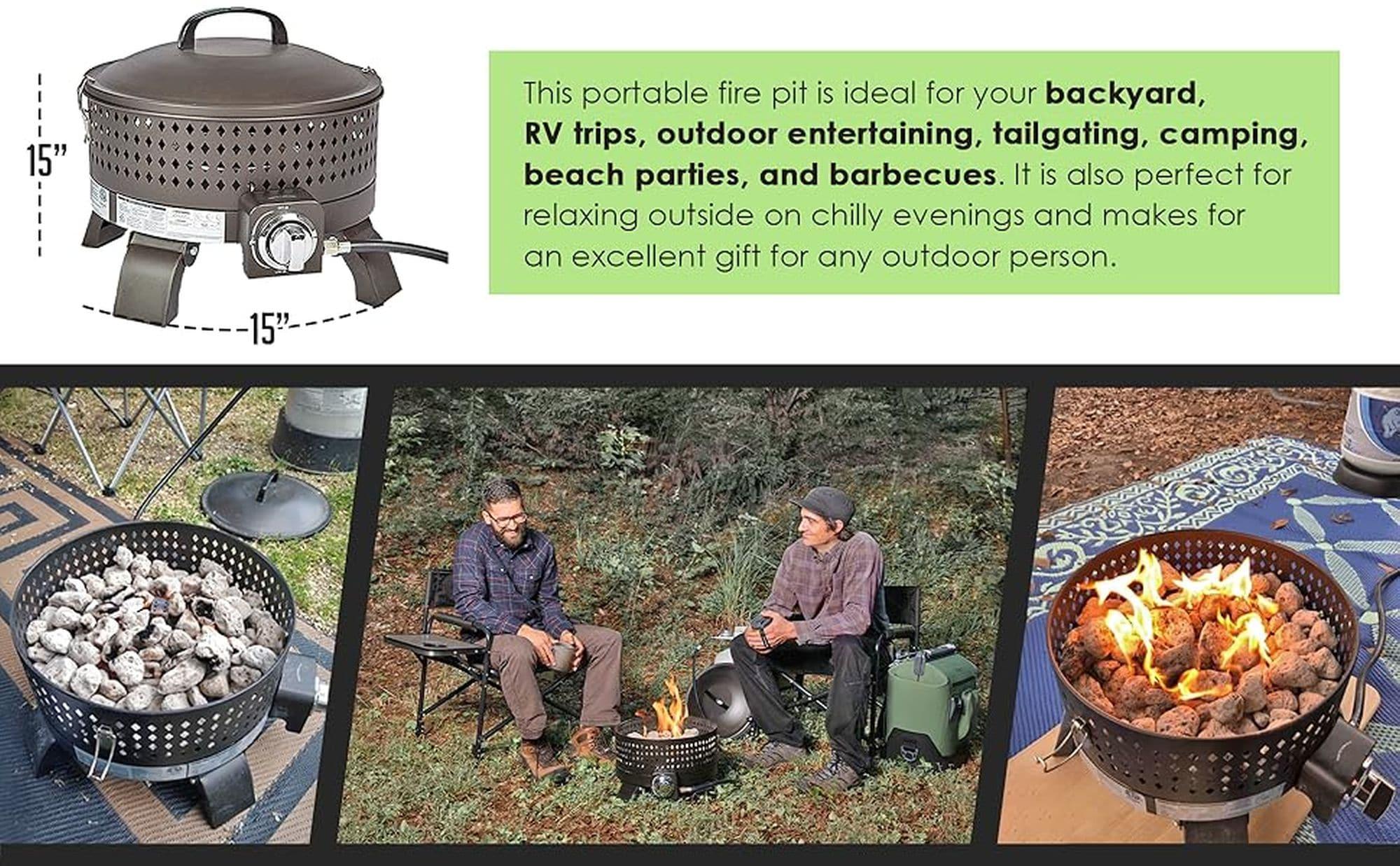 Fire Sense 62133 Sporty Campfire Portable Fire Pit LPG Gas 60,000 BTU Outdoor Firepit Includes Propane Stand Included - Dark Bronze - Round - 15"
