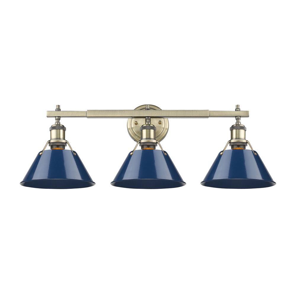 Golden Lighting Orwell 3-Light Vanity Light in Aged Brass with Navy Blue