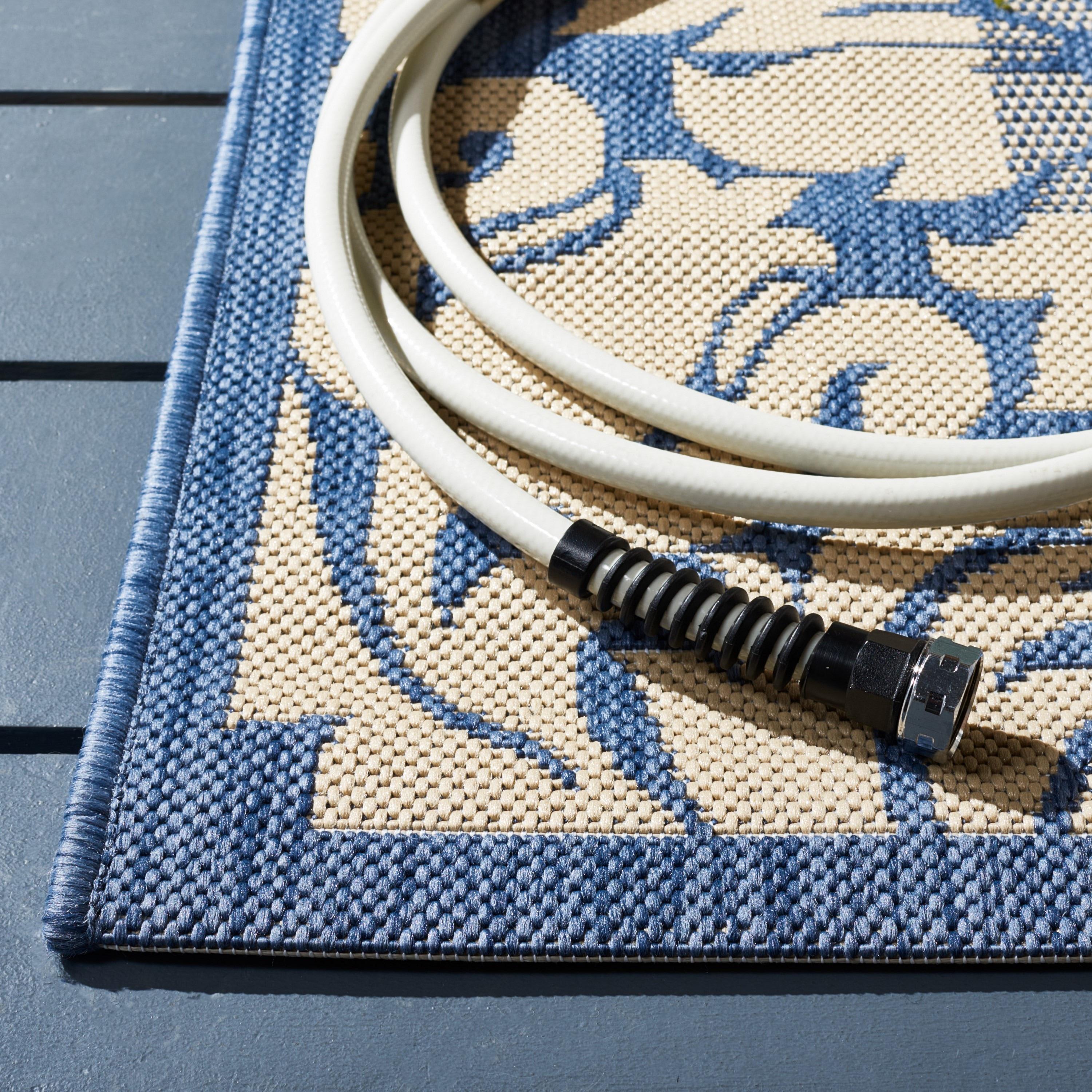 SAFAVIEH Courtyard Dani Damask Bordered Indoor/Outdoor Runner Rug, 2'3" x 12', Blue/Natural