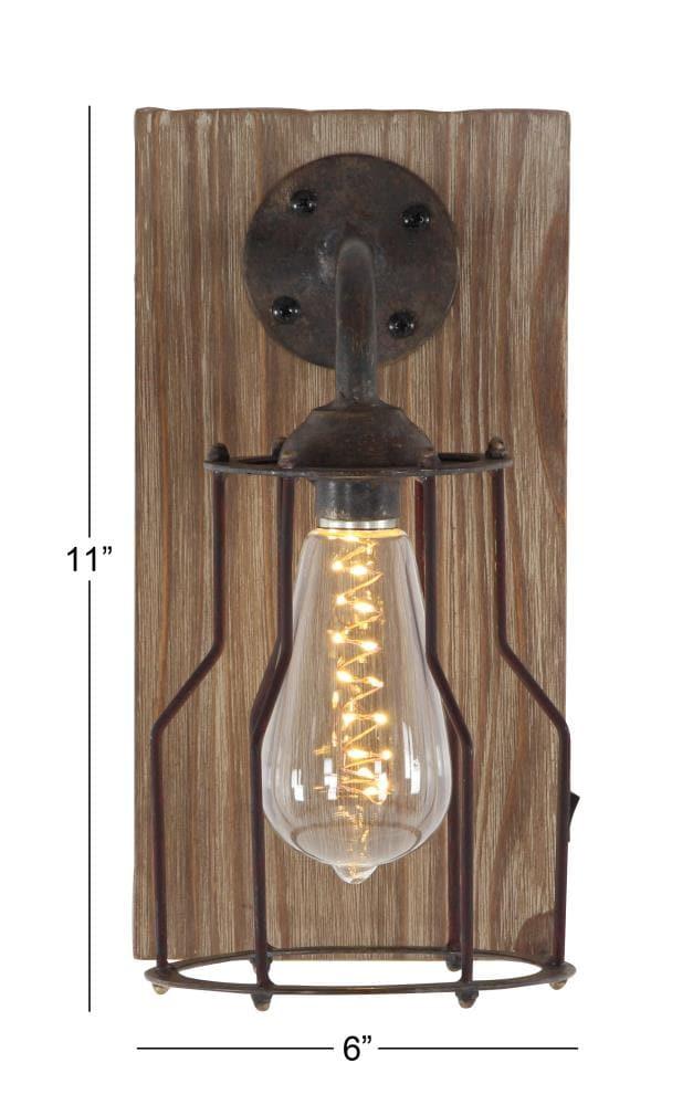 DecMode Industrial Metal Wall Sconce with Wood Backplate and Iron Cage, 6"W x 11"H Features Rustic Brown Finish