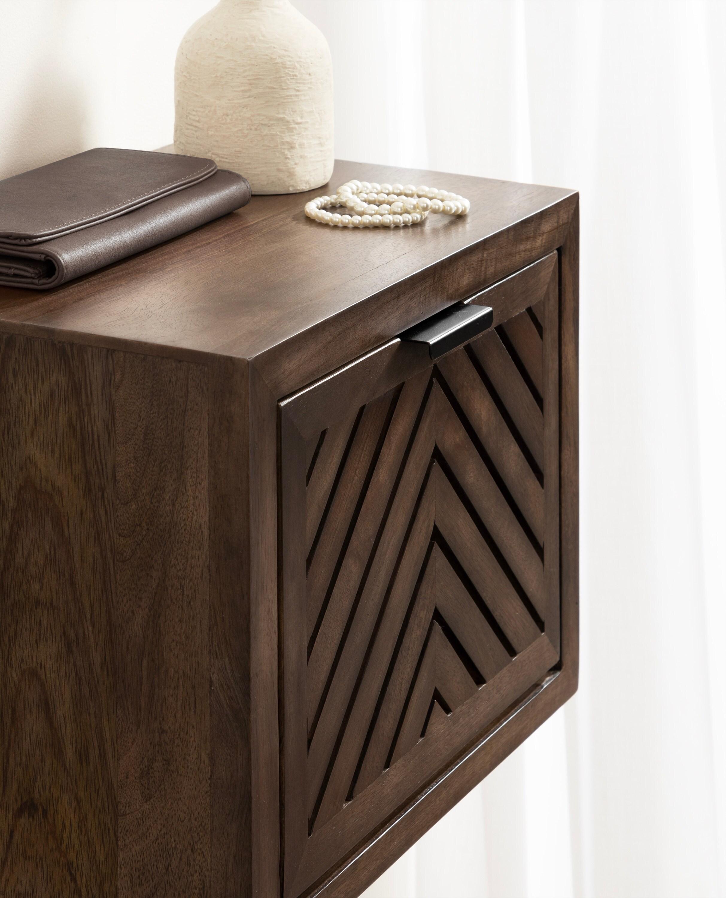 Kate and Laurel Mezzeta Modern Floating Shelf Side Table with Storage Cubby, 16 x 10 x 12, Natural Wood, Decorative Slatted Wood Floating Nightstand with Pull Down Door for Use as Bathroom Storage