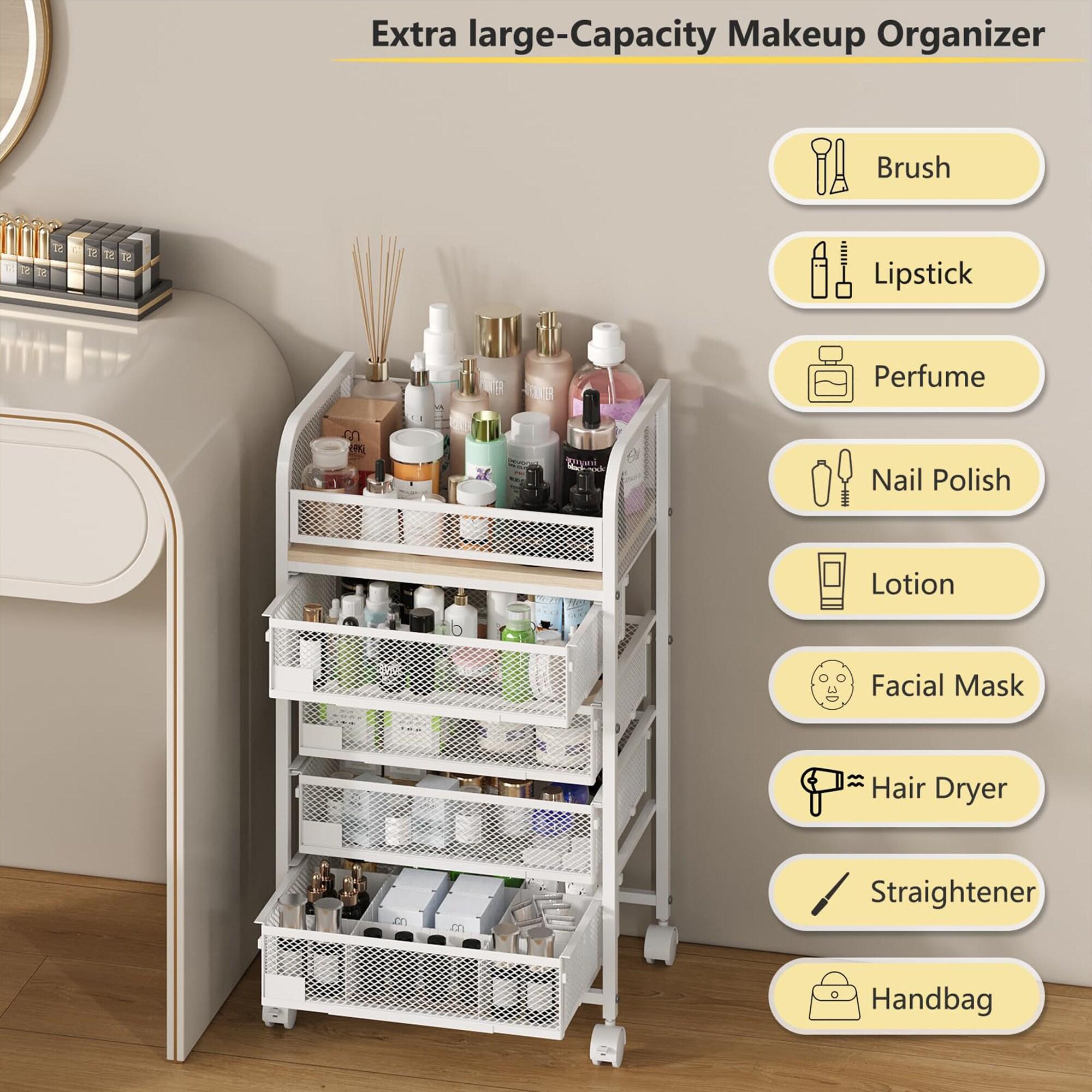 Makeup Organizer with 4 Drawers, Skincare Storage, Floor Skincare Organizers with Wheels